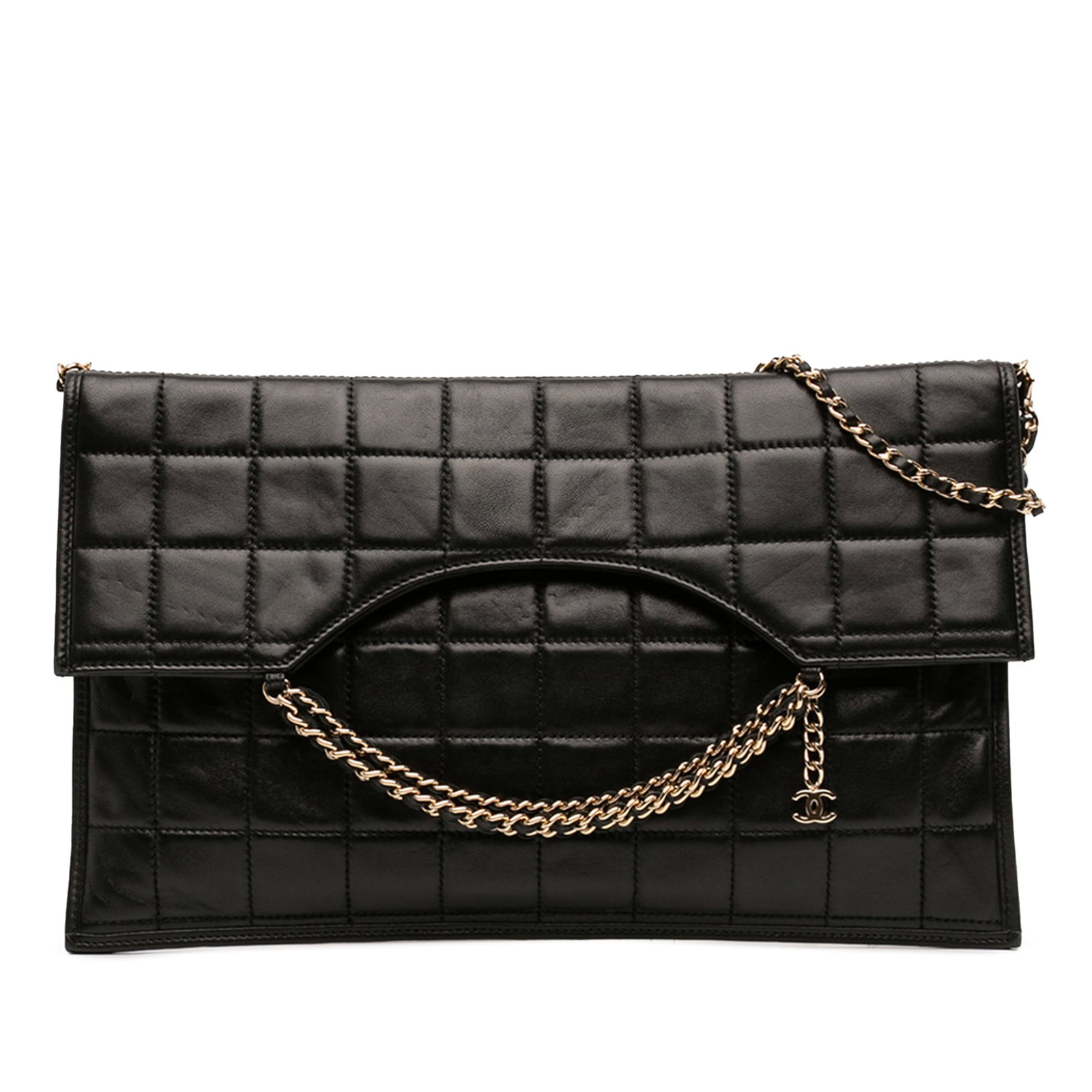 Chanel Black Lambskin Chocolate Bar Envelope Shoulder Bag with Chain Strap: Chanel Black Lambskin Chocolate Bar Envelope Shoulder Bag with Chain Strap This Chanel CC Chocolate Bar shoulder bag showcases a quilted lambskin leather body with a front fold-down envelope flap. It 