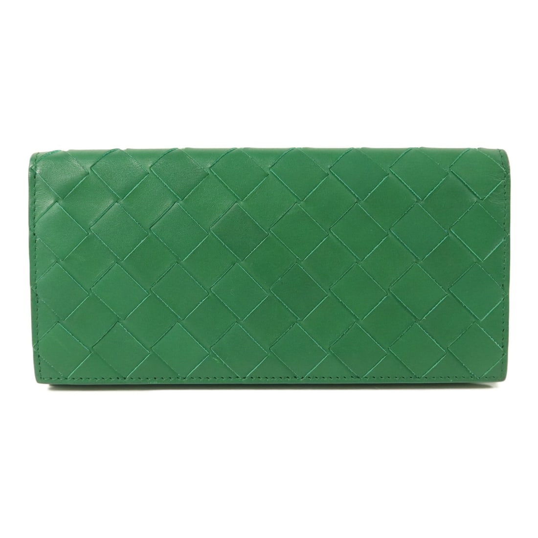 Bottega Veneta Intrecciato Green Lambskin Bifold Wallet 635567: Bottega Veneta Intrecciato Green Lambskin Bifold Wallet 635567 This Bottega Veneta Intrecciato long wallet features the brand's iconic woven design, crafted from luxurious lambskin leather in a rich g