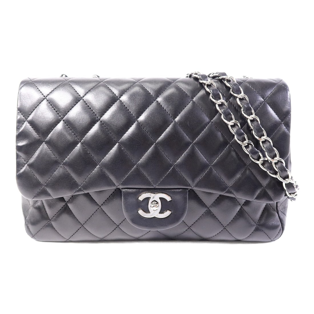 CHANEL Black Lambskin Classic CC Shoulder Bag Large: CHANEL Black Lambskin Classic CC Shoulder Bag Large This CHANEL shoulder bag features the iconic CC logo and is crafted from luxurious black lambskin leather. Designed in a large classic style, it is 