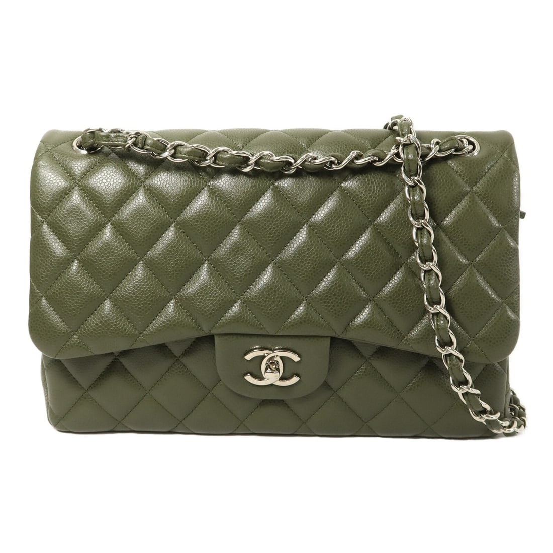 CHANEL Classic CC Shoulder Bag Khaki Calfskin Large Chain: CHANEL Classic CC Shoulder Bag Khaki Calfskin Large Chain This CHANEL Large Classic Chain Shoulder Bag is crafted from khaki calfskin leather and features the iconic CC logo with silver-tone hardware.