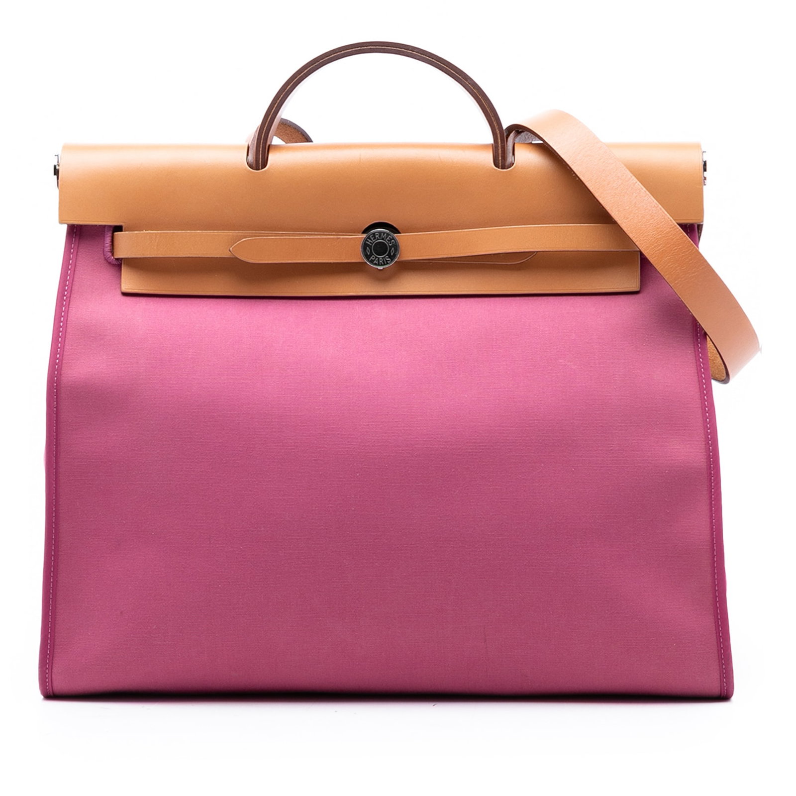 Herbag Zip 31 Pink Canvas Shoulder Bag with Leather Trim by Hermes: Herbag Zip 31 Pink Canvas Shoulder Bag with Leather Trim by Hermes The Hermes Toile Herbag Zip 31 is a stylish bag featuring a canvas body with a flat leather top handle and a flat leather shoulder st