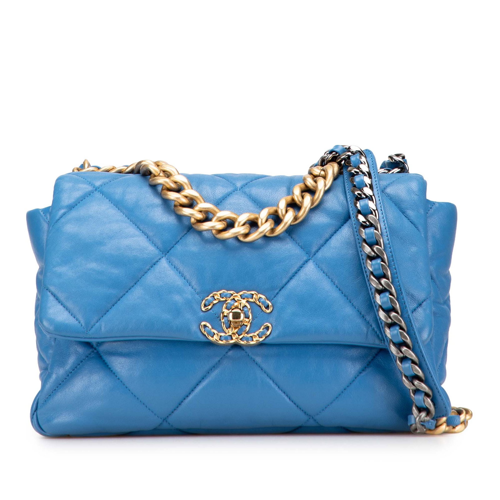 Chanel Large 19 Flap Bag Blue Quilted Lambskin Gold Tone Hardware: Chanel Large 19 Flap Bag Blue Quilted Lambskin Gold Tone Hardware The Chanel Large Lambskin 19 Flap bag is a stunning accessory that combines luxury with functionality. Crafted from quilted lambskin l