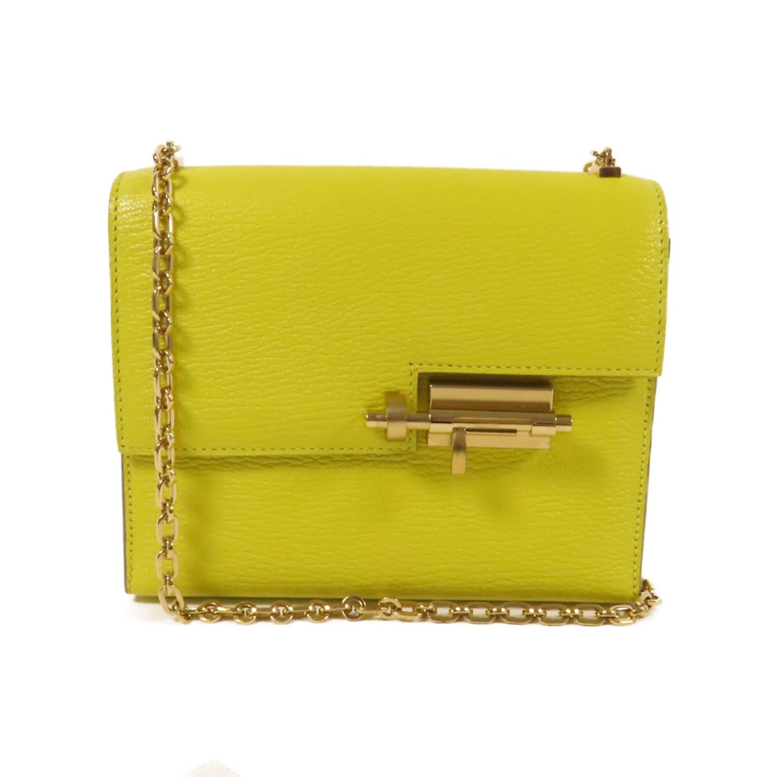 HERMES Verrou Mini Shoulder Bag Chevre Leather Yellow GHW: HERMES Verrou Mini Shoulder Bag Chevre Leather Yellow GHW This stunning HERMES Verrou Mini Chain Shoulder Bag is crafted from high-quality goatskin leather in a vibrant yellow hue. Its compact design 
