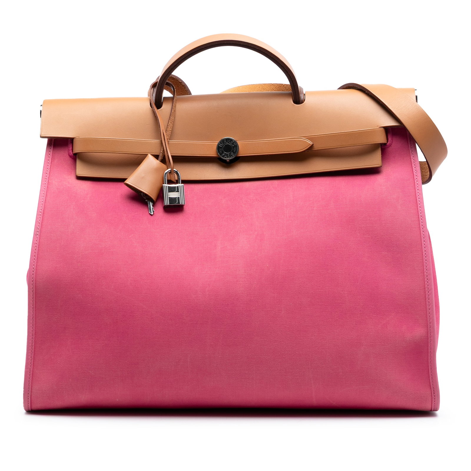 Hermes Herbag Zip 39 Pink Canvas and Leather Shoulder Bag: Hermes Herbag Zip 39 Pink Canvas and Leather Shoulder Bag The Hermes Toile Herbag Zip 39 features a canvas body with a flat leather top handle and a flat leather shoulder strap. It has a top flap with