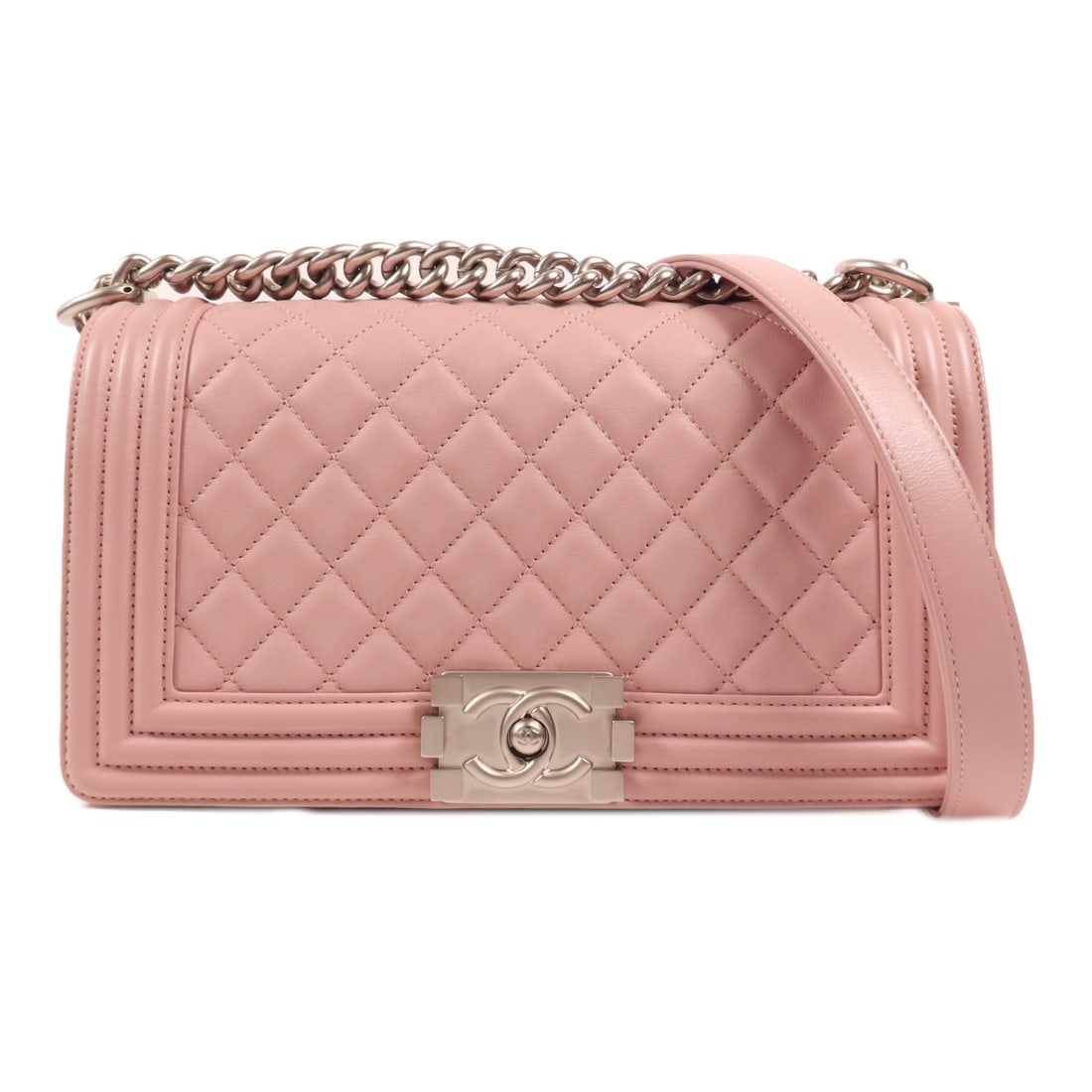 Pink Lambskin Chanel Boy 25 Shoulder Bag with Silver Tone CC A67086: Pink Lambskin Chanel Boy 25 Shoulder Bag with Silver Tone CC A67086 This CHANEL Boy 25 shoulder bag features a pink lambskin leather exterior and a classic CC clasp with silver-tone hardware. Crafted 