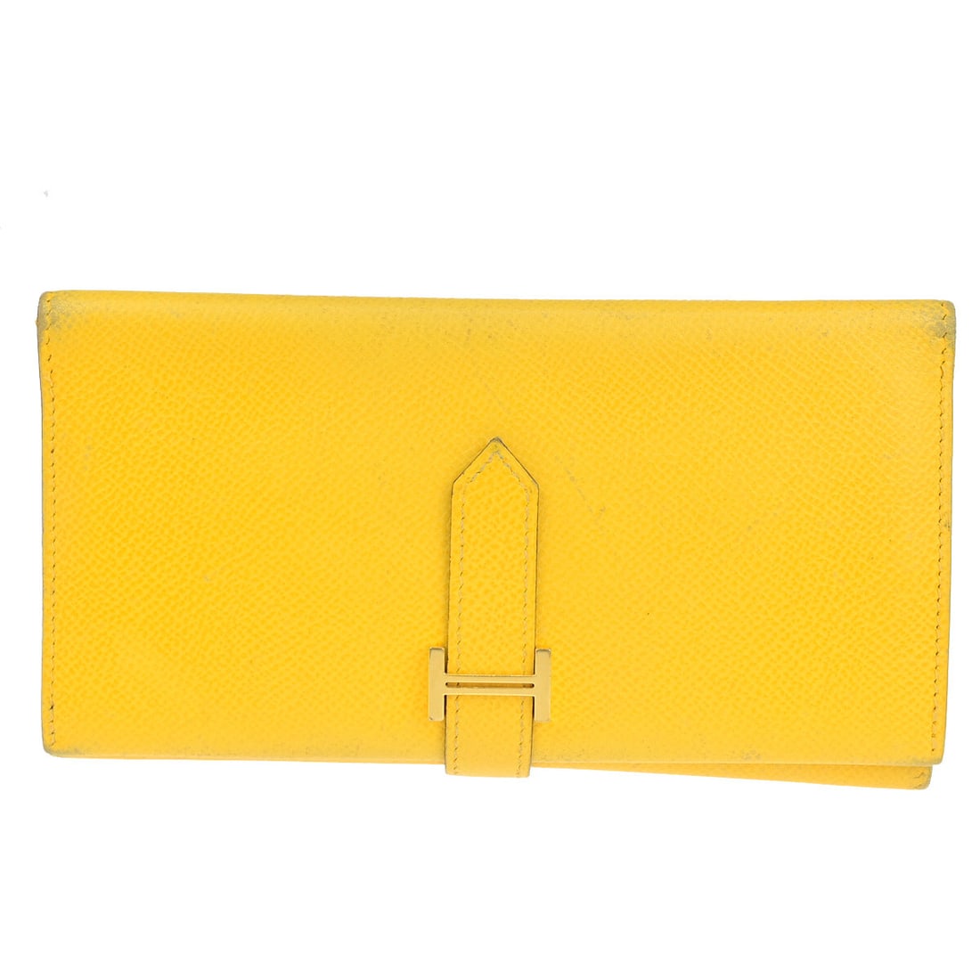 Yellow Leather Trifold Wallet by Hermes Bearn 17cm by 9cm: Yellow Leather Trifold Wallet by Hermes Bearn 17cm by 9cm Hermes Bearn trifold wallet crafted from yellow leather, designed for women. Features a compact design with three fold compartments. The walle