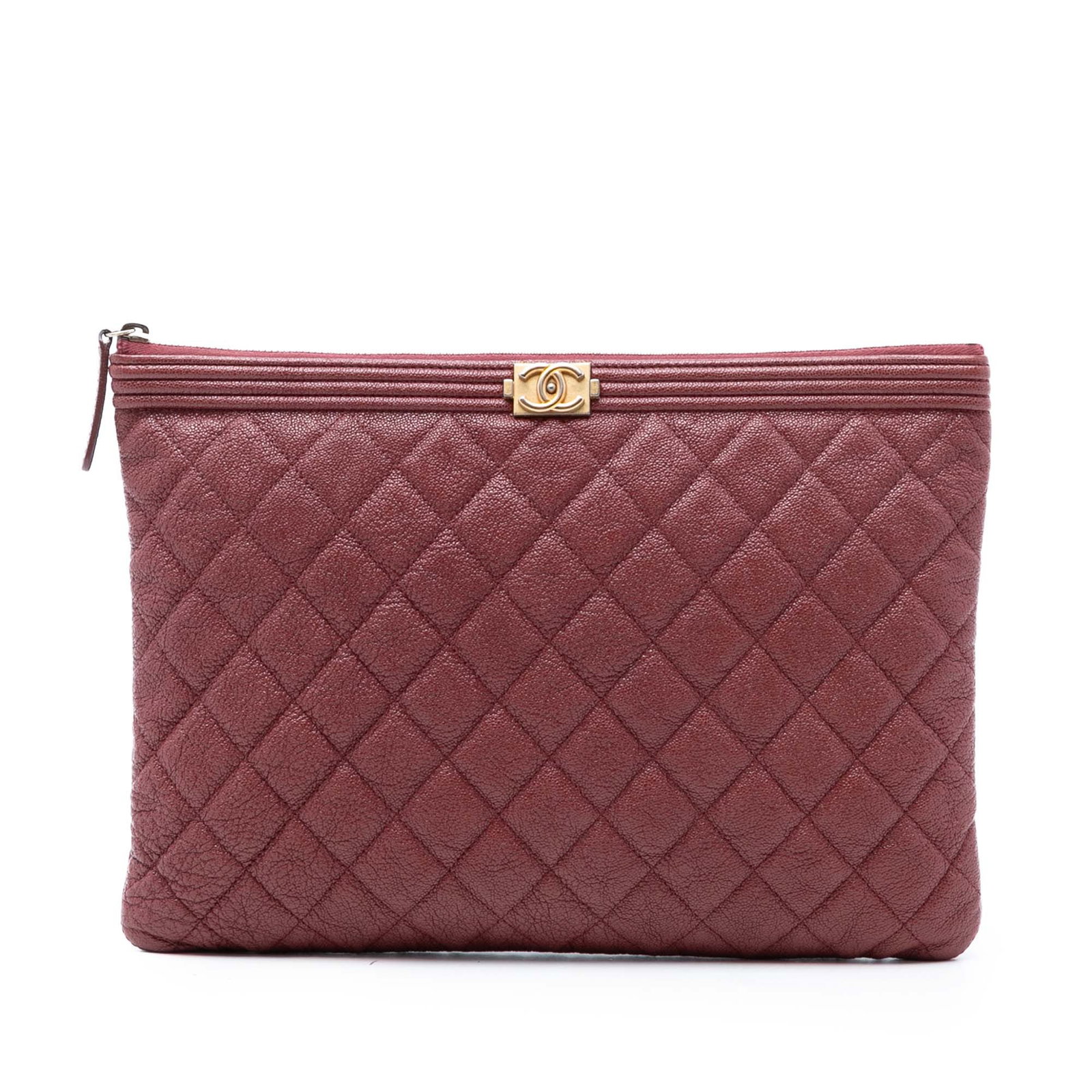 Chanel Boy O Case Medium Red Quilted Caviar Leather Clutch: Chanel Boy O Case Medium Red Quilted Caviar Leather Clutch This Chanel Medium Quilted Caviar Boy O Case Clutch features a quilted caviar leather exterior in red and a top zip closure. The clutch is cr
