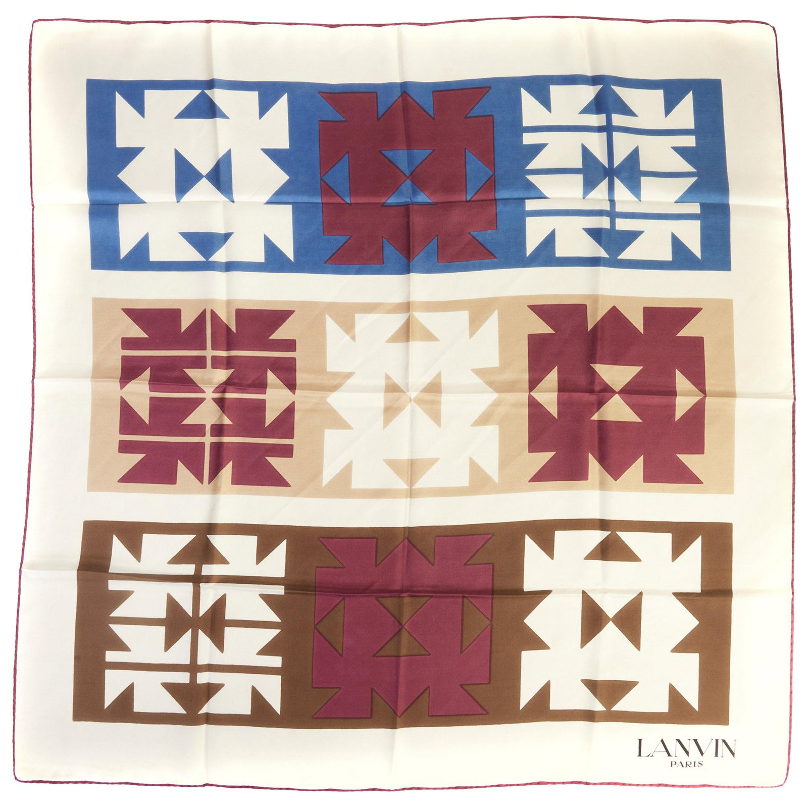 Lanvin Vintage Silk Scarf 30x30 Geometric Design Hand Rolled Edges: Lanvin Vintage Silk Scarf 30x30 Geometric Design Hand Rolled Edges Elevate your accessory collection with this exquisite Lanvin Vintage Silk Geometric Scarf. Crafted in France, this luxurious scarf sh