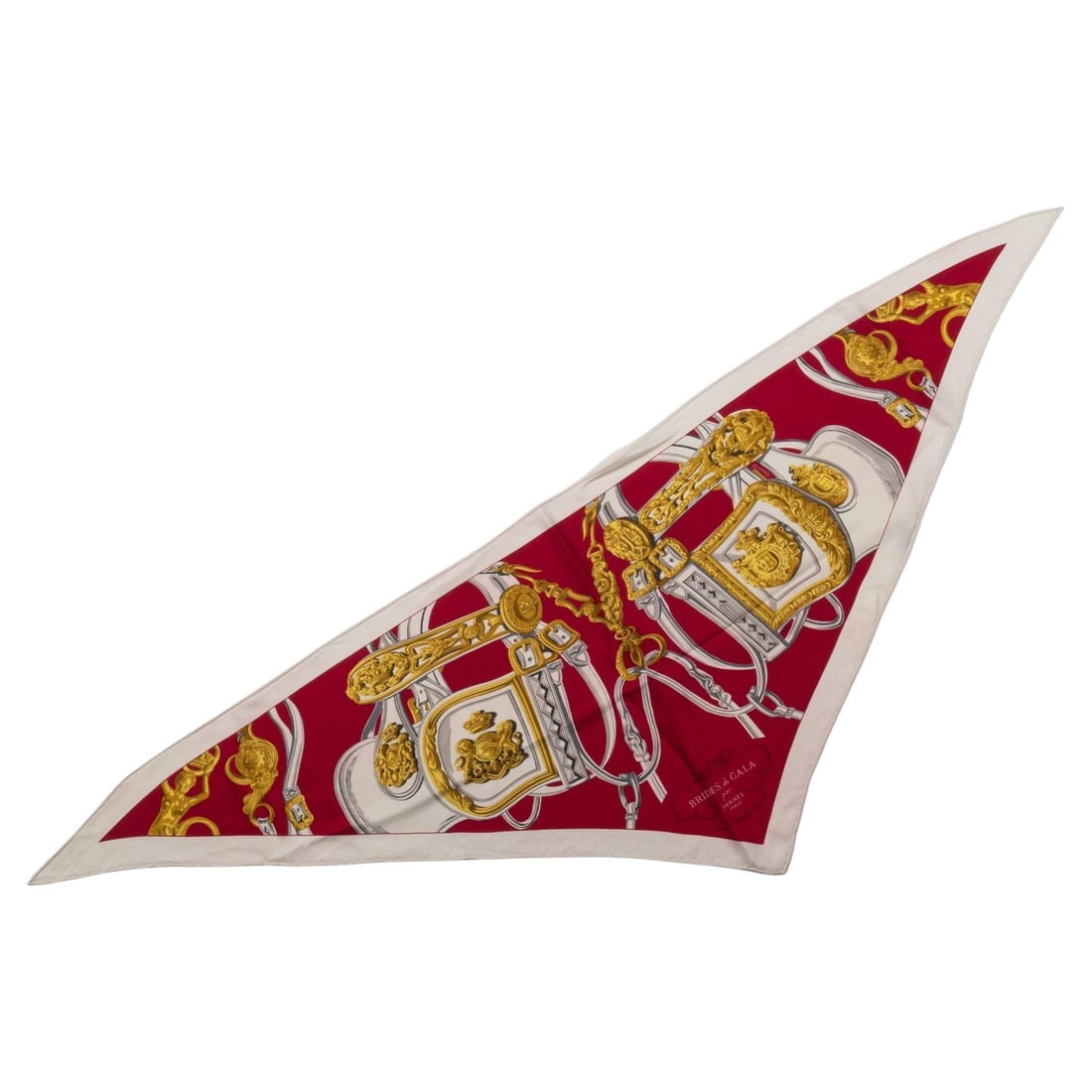 Hermes Triangle Brides de Gala Silk Scarf Burgundy and White 100% Silk: Hermes Triangle Brides de Gala Silk Scarf Burgundy and White 100% Silk Elevate your accessory collection with this exquisite Hermes Triangle Brides de Gala Scarf. Crafted from luxurious 100% silk, thi