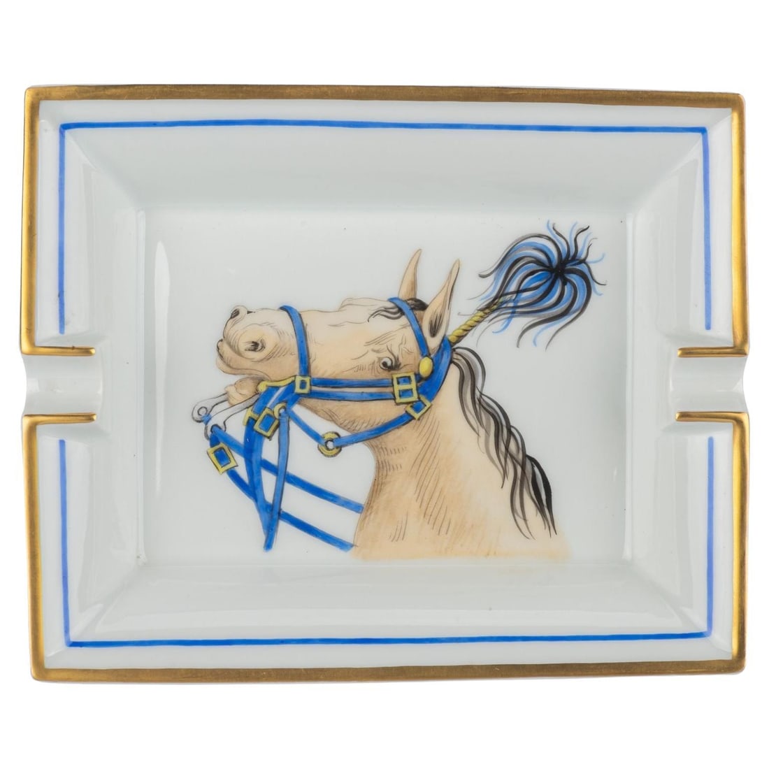 Hermes Paris Cheval Porcelain Ashtray with Horse Design: Hermes Paris Cheval Porcelain Ashtray with Horse Design Elevate your decor with this exquisite Hermes "Paris Cheval" Porcelain Ashtray. Crafted from fine porcelain, this ashtray showcases a stunning d