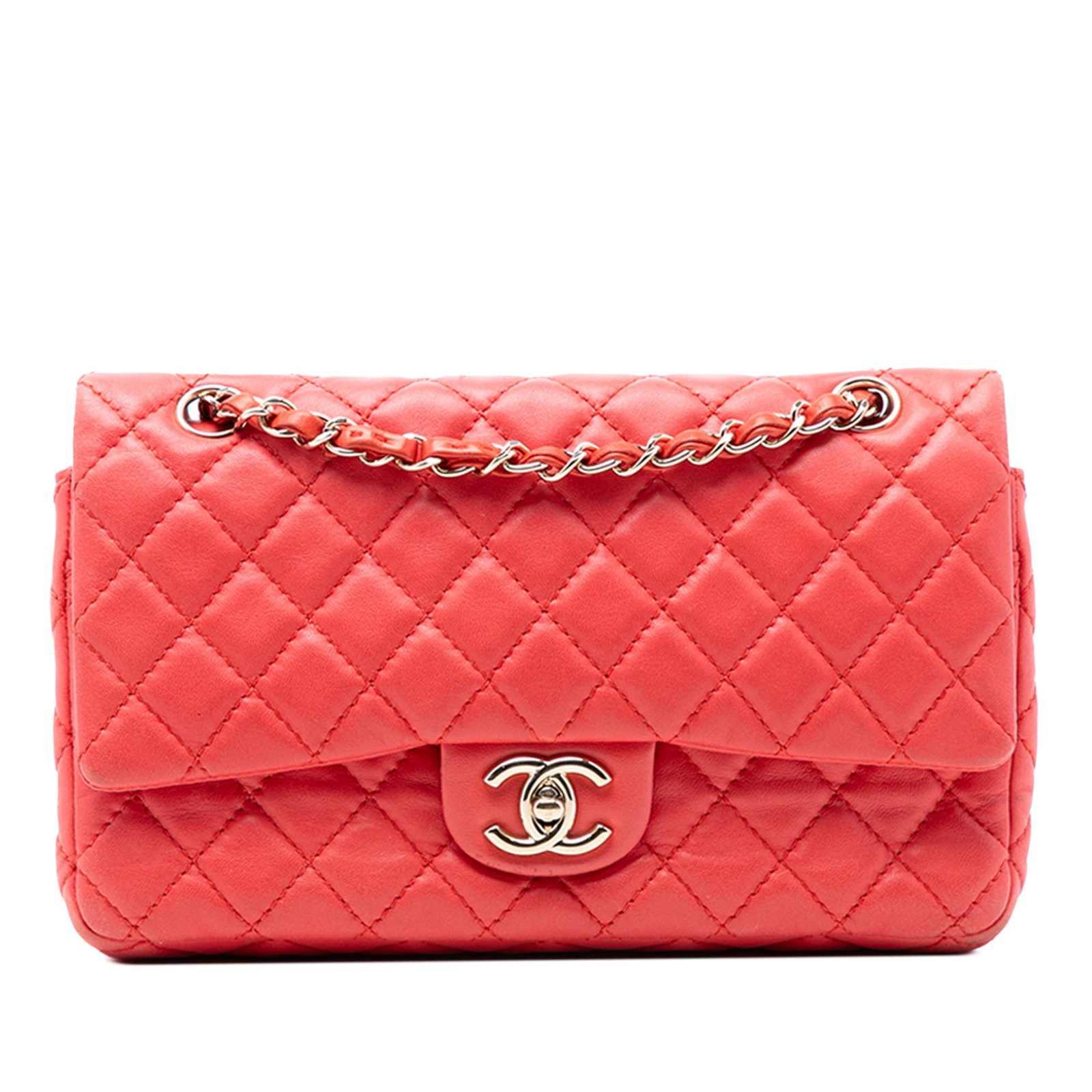 Chanel Classic Medium Red Lambskin Double Flap Shoulder Bag: Chanel Classic Medium Red Lambskin Double Flap Shoulder Bag This Chanel Medium Classic Double Flap shoulder bag is crafted from quilted lambskin leather in red. It features leather-woven chain straps,