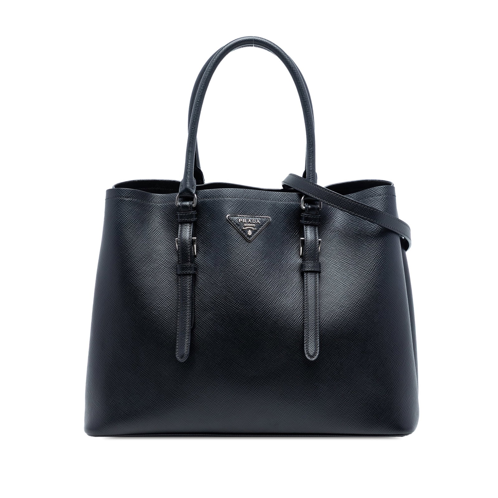 Medium Black Leather Satchel with Double Handles by Prada: Medium Black Leather Satchel with Double Handles by Prada This Prada Medium Saffiano Cuir Double Handle Satchel features a black saffiano leather body, rolled leather top handles, and a detachable and