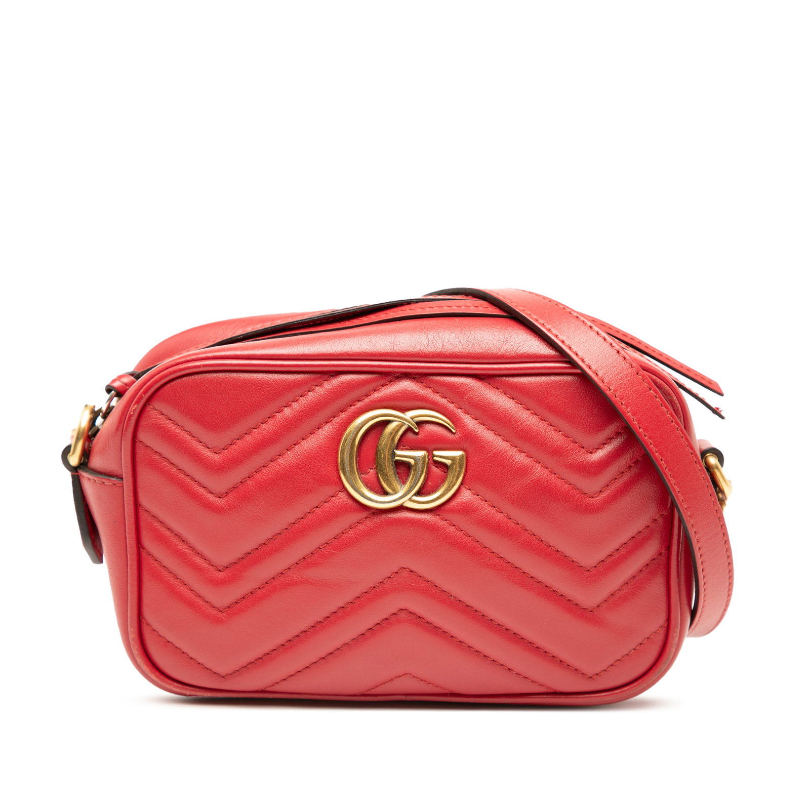 Gucci Mini Marmont Red Quilted Leather Crossbody Bag: Gucci Mini Marmont Red Quilted Leather Crossbody Bag This Gucci Mini GG Marmont Matelasse Leather Crossbody features a quilted red leather exterior with a chain link and flat leather shoulder strap. I
