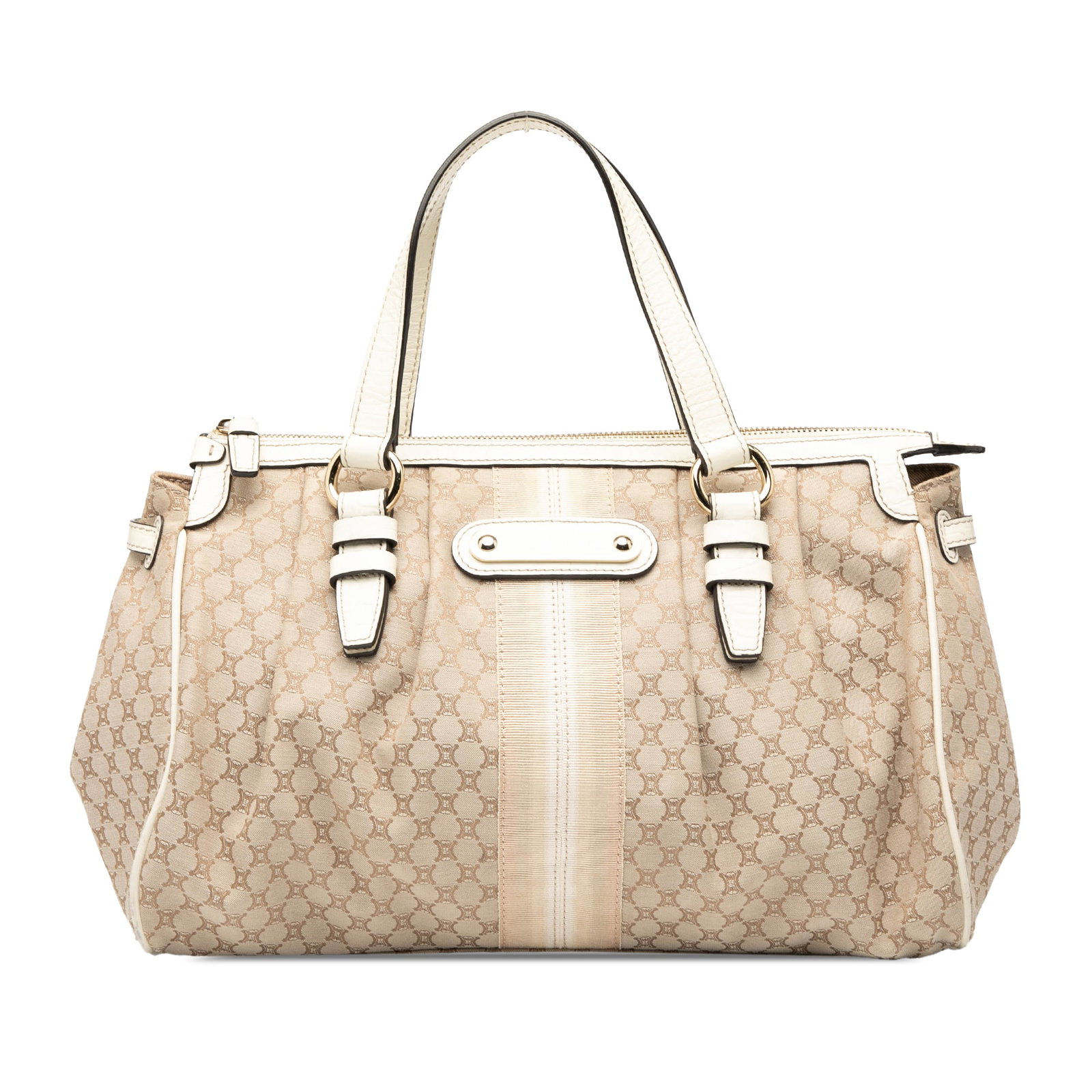 Celine Macadam Canvas Handbag with Leather Trim: Celine Macadam Canvas Handbag with Leather Trim This Celine Macadam Canvas Handbag is a stylish accessory featuring a durable canvas body complemented by leather trim. It is designed with flat leather