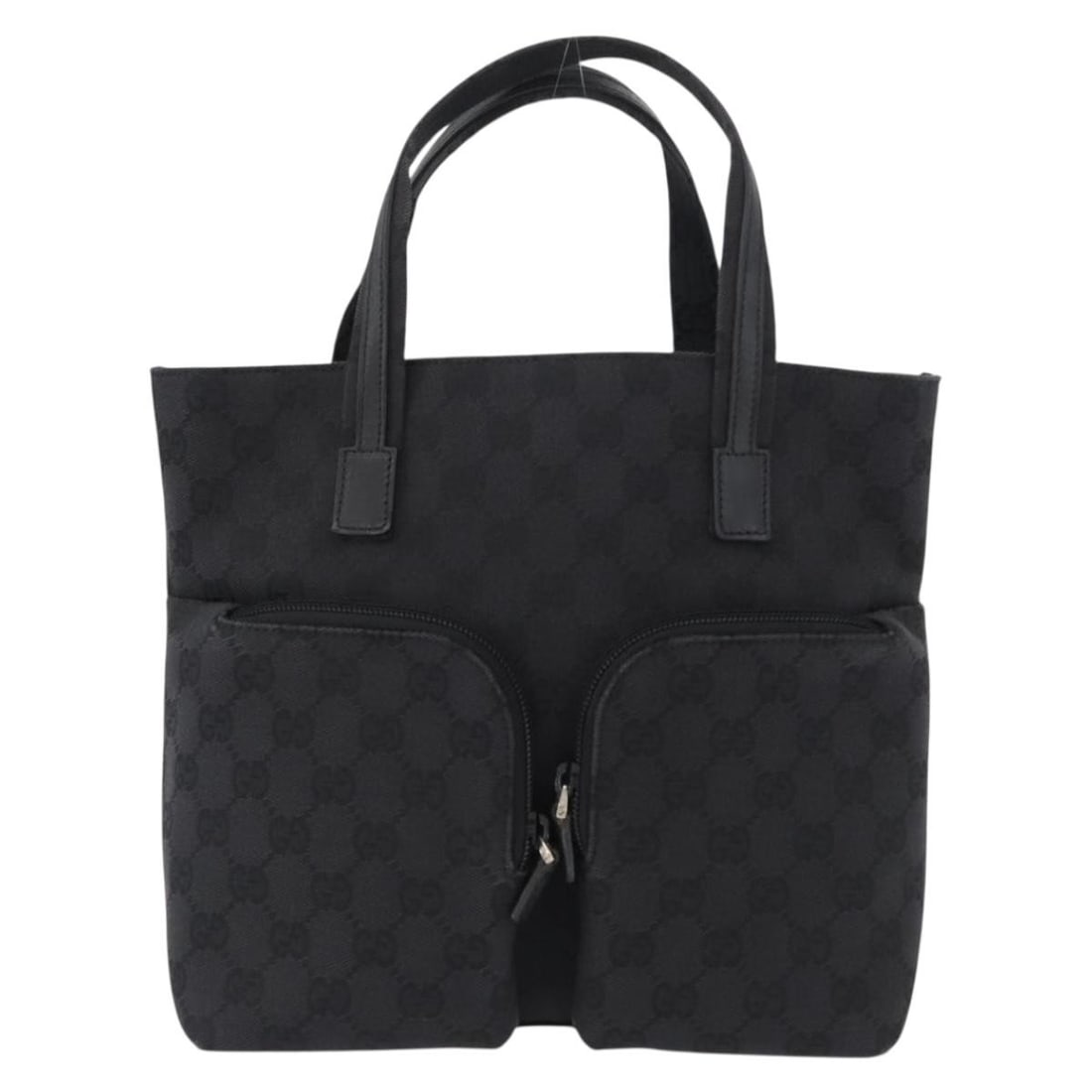 Black GG Canvas Double Pocket Tote Bag by Gucci: Black GG Canvas Double Pocket Tote Bag by Gucci This Gucci Double Pocket Tote features the brand's signature GG canvas in black, designed for women. The bag includes two exterior pockets and leather t