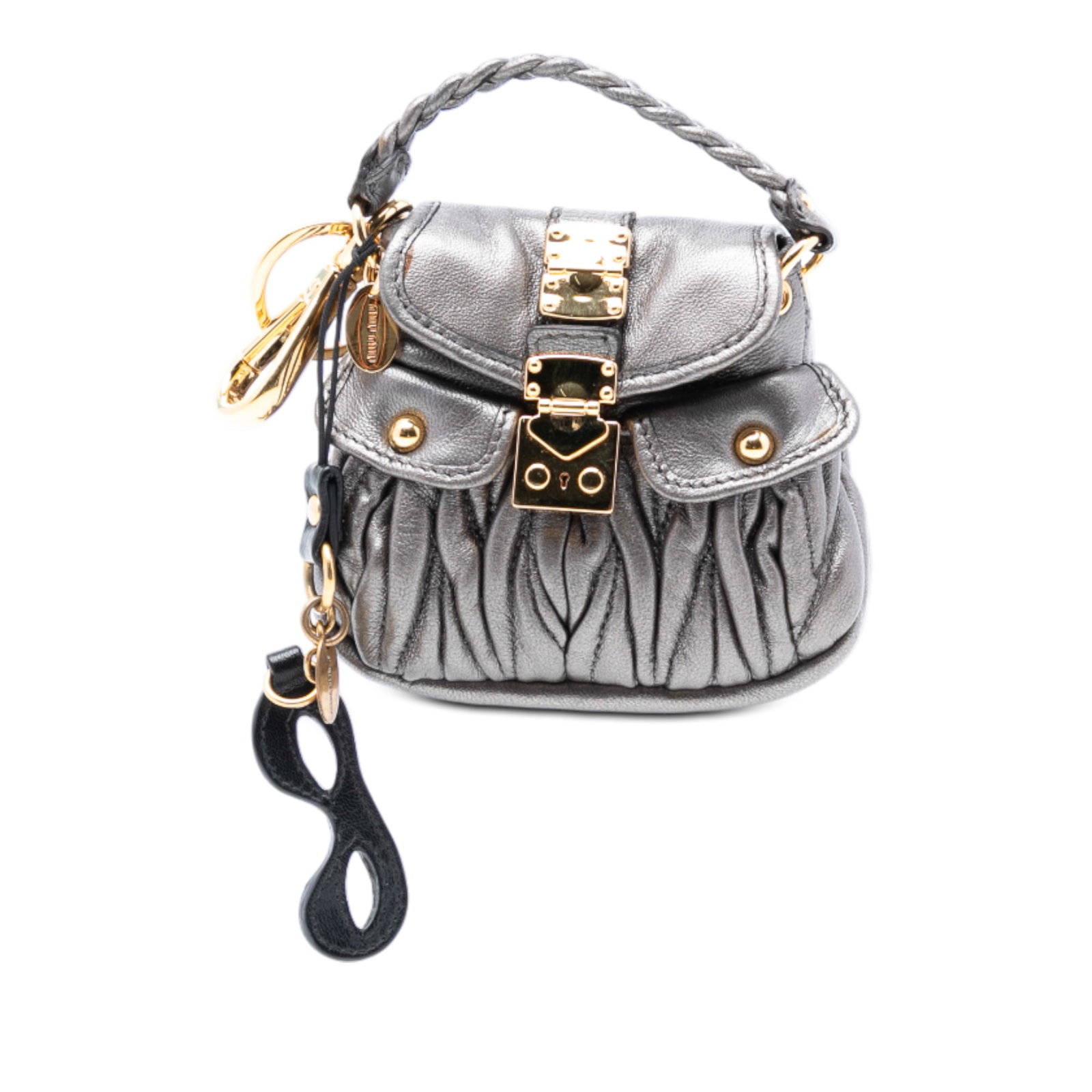 Silver Matelasse Leather Mini Coffer Bag Charm by Miu Miu: Silver Matelasse Leather Mini Coffer Bag Charm by Miu Miu This Miu Miu Mini Metallic Matelasse Lambskin Coffer Bag Charm features a gathered lambskin leather body, a metal clasp, a braided leather top