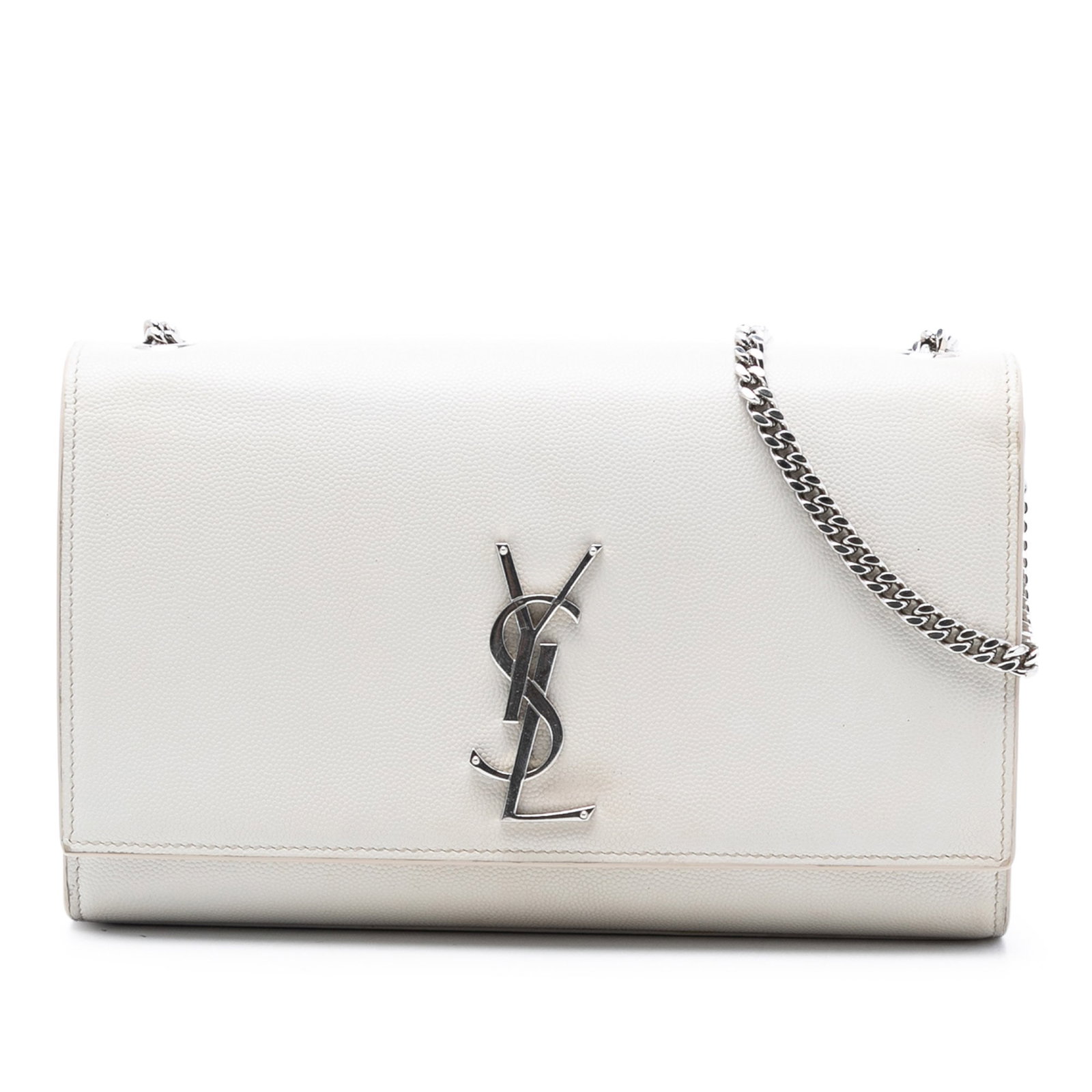 Medium Kate Monogram Leather Crossbody Bag by Saint Laurent: Medium Kate Monogram Leather Crossbody Bag by Saint Laurent This Saint Laurent Medium Grain De Poudre Monogram Kate Crossbody bag features a white leather body with a chain-link shoulder strap, a fron