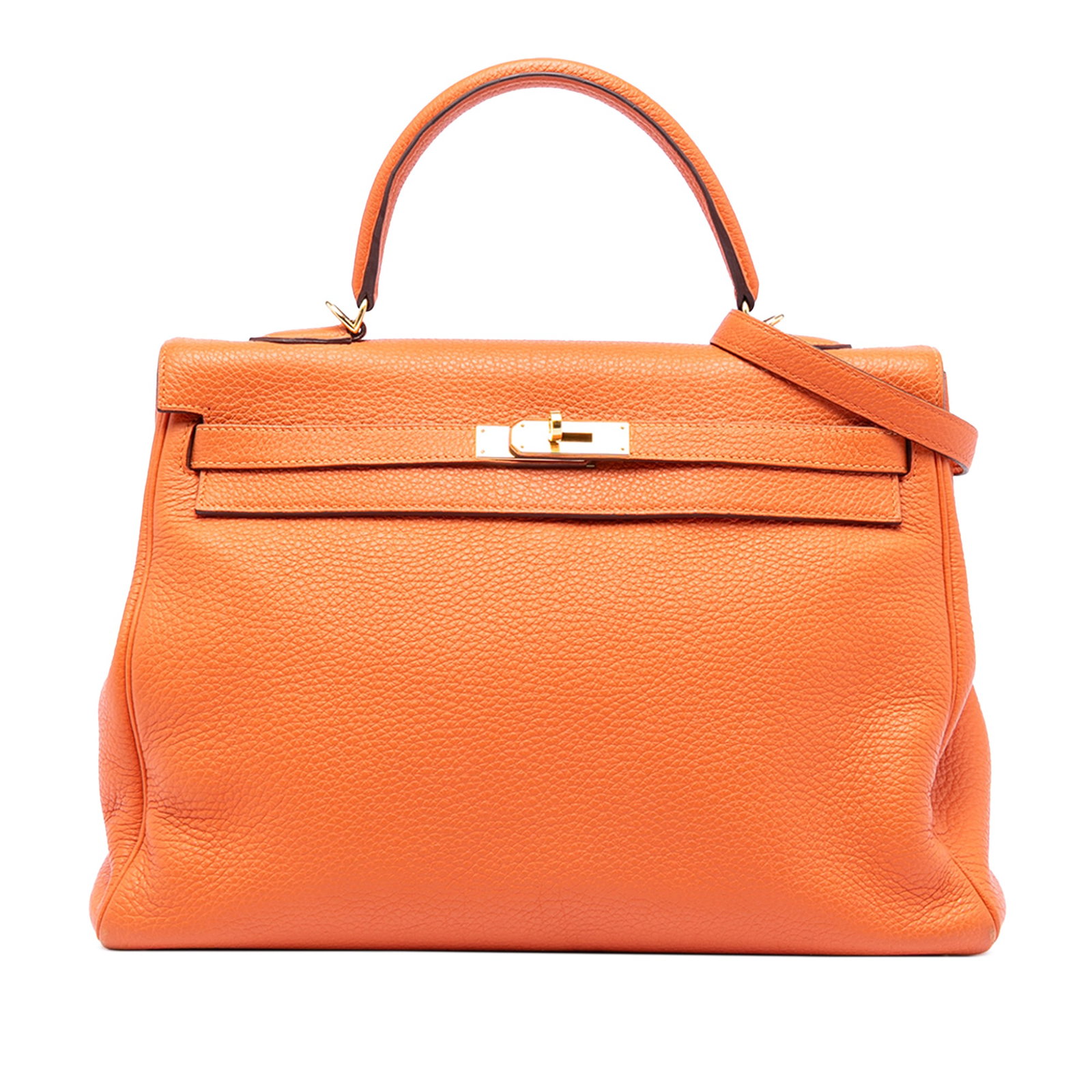 Orange Togo Leather Kelly II Retourne 35 Handbag with Gold Tone Hardware: Orange Togo Leather Kelly II Retourne 35 Handbag with Gold Tone Hardware The Hermes Togo Kelly II Retourne 35 features an orange Togo leather body with a top flat leather handle and a detachable flat 
