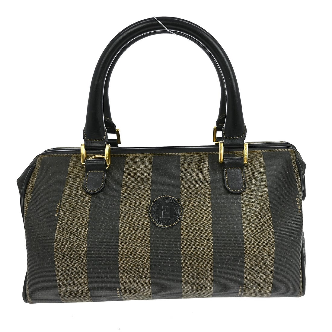 Fendi Pequin PVC Brown Black Zip Handbag: Fendi Pequin PVC Brown Black Zip Handbag This Fendi Pequin handbag features the brand's iconic brown and black striped design and is crafted from durable PVC material. The medium-sized bag includes go