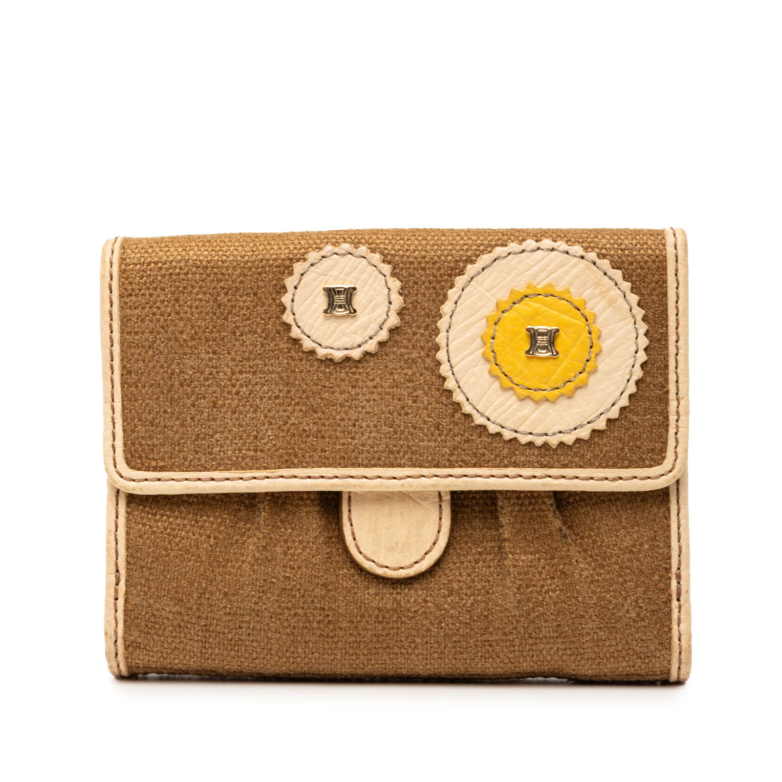 Celine Brown Canvas Wallet with Decorative Patches and Flap Closure: Celine Brown Canvas Wallet with Decorative Patches and Flap Closure This Celine wallet features a canvas body adorned with decorative patches, a front flap with snap button closure, an exterior flap p