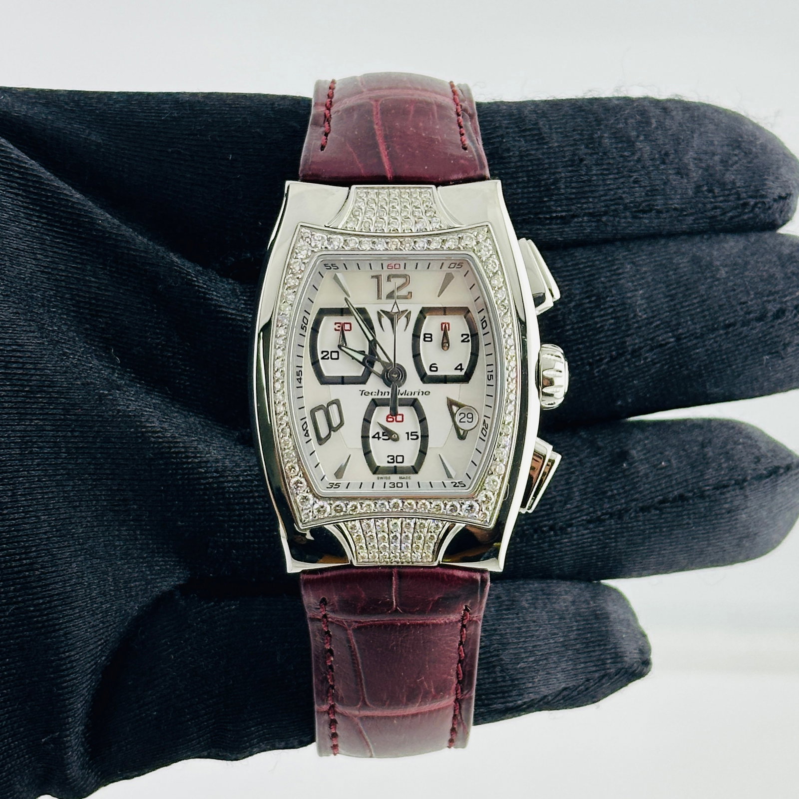 TechnoMarine Techno Square Chronograph Diamond Bezel White MOP Dial Leather Watch: TechnoMarine Techno Square Chronograph Diamond Bezel White MOP Dial Leather Watch This TechnoMarine Techno Square Chronograph features a white mother-of-pearl dial accented with a diamond bezel, paire