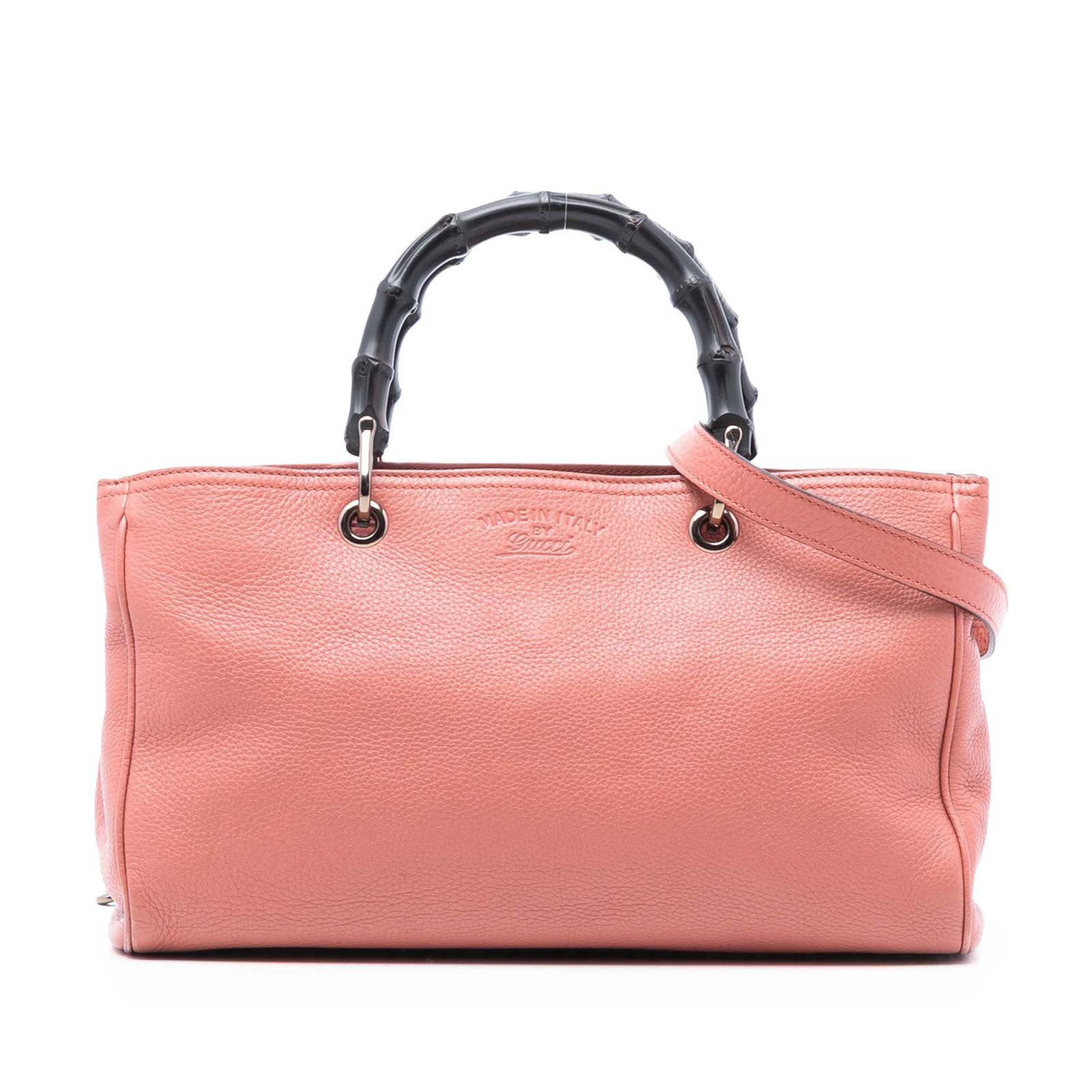 Gucci Bamboo Shopper Medium Pink Leather Satchel with Bamboo Handles: Gucci Bamboo Shopper Medium Pink Leather Satchel with Bamboo Handles This Gucci Medium Calfskin Bamboo Shopper Satchel features a pink leather body with bamboo top handles and a detachable flat leathe
