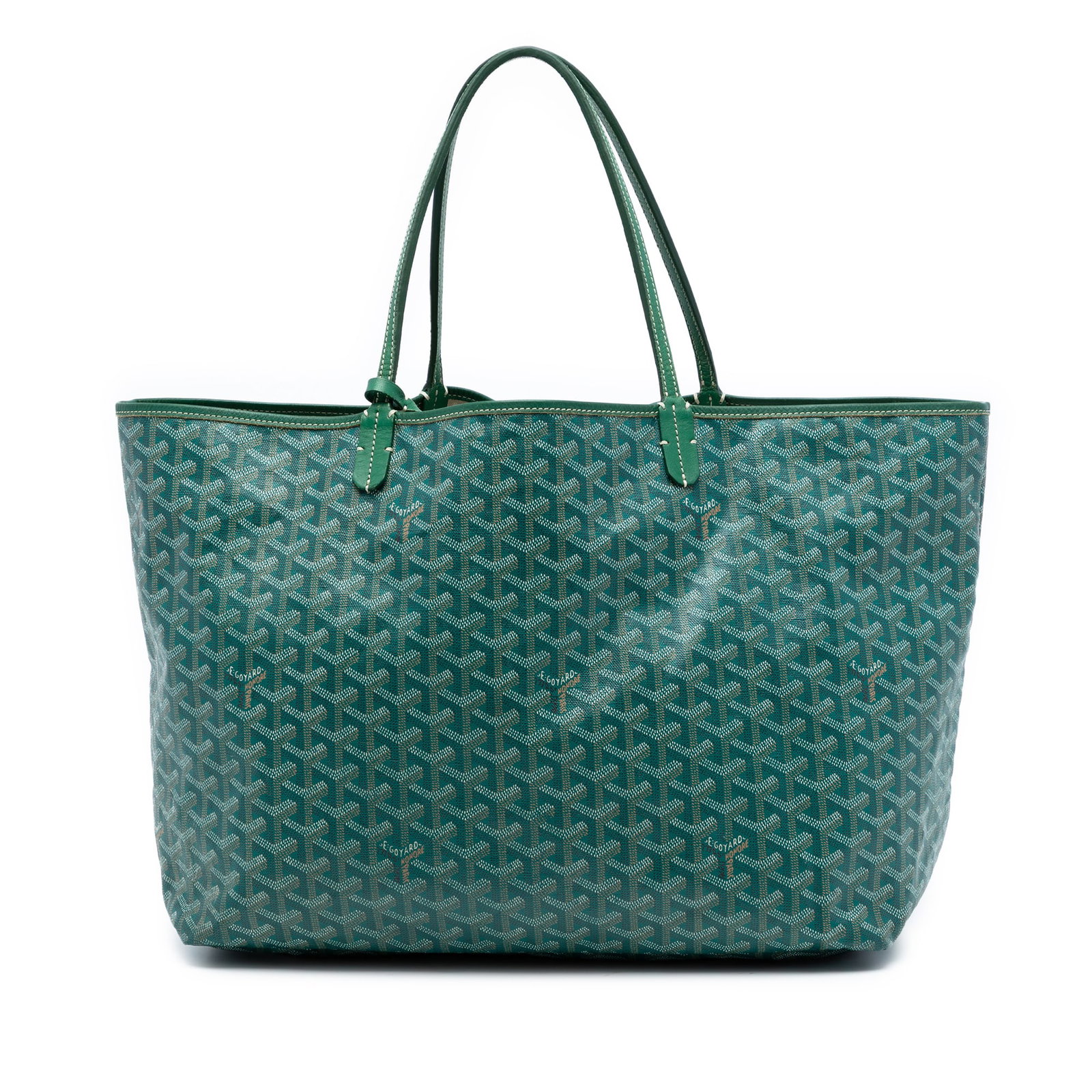 Goyard Saint Louis GM Green Coated Canvas Tote with Leather Trim: Goyard Saint Louis GM Green Coated Canvas Tote with Leather Trim This Goyardine Saint Louis GM tote features a coated canvas body with leather trim, flat leather handles, and an open top. The bag is f
