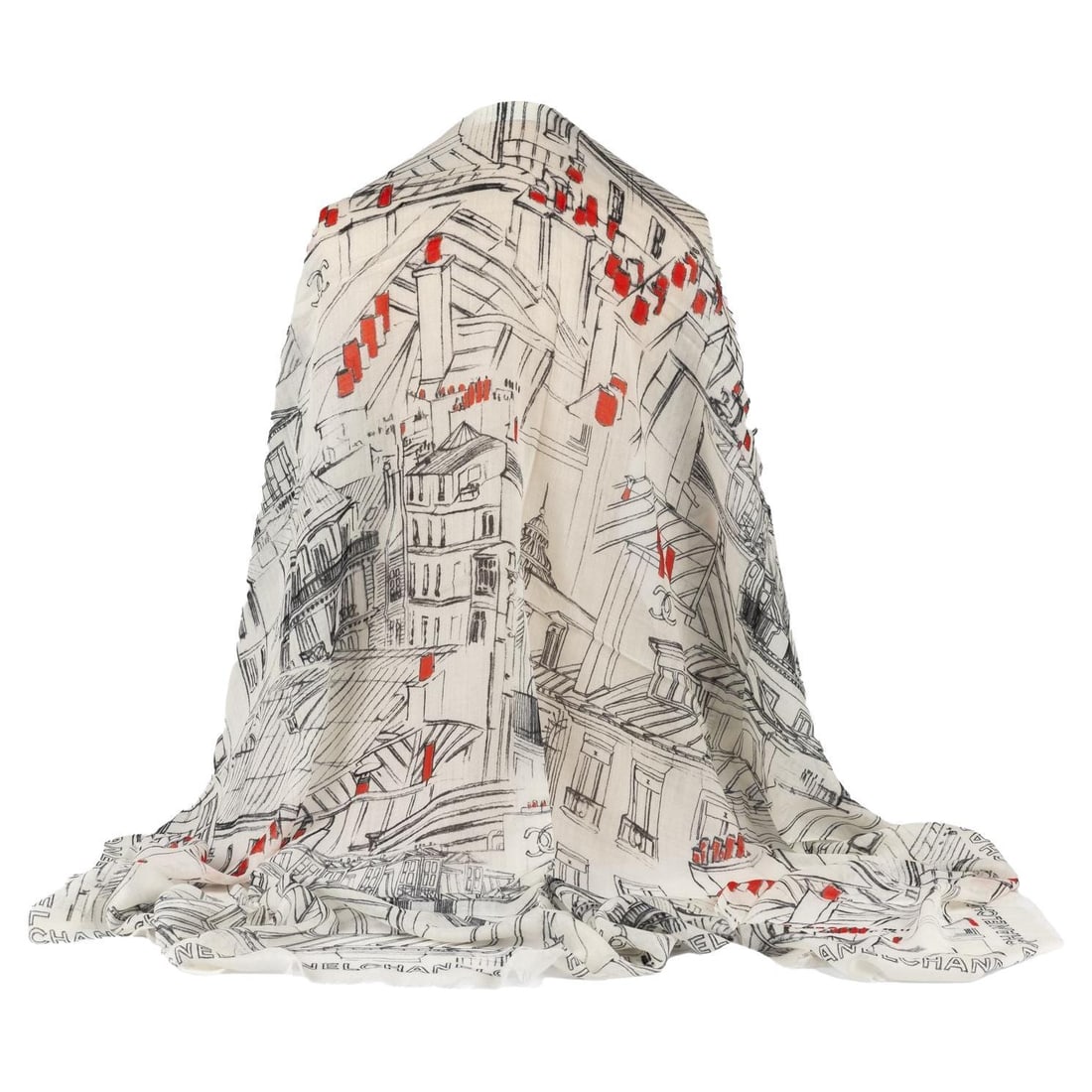 Chanel Cashmere Shawl Paris Roofs Design 78 x 52 in: Chanel Cashmere Shawl Paris Roofs Design 78 x 52 in Introducing a luxurious Chanel cashmere shawl, featuring a stunning design inspired by the red and black roofs of Paris. This exquisite piece is cra