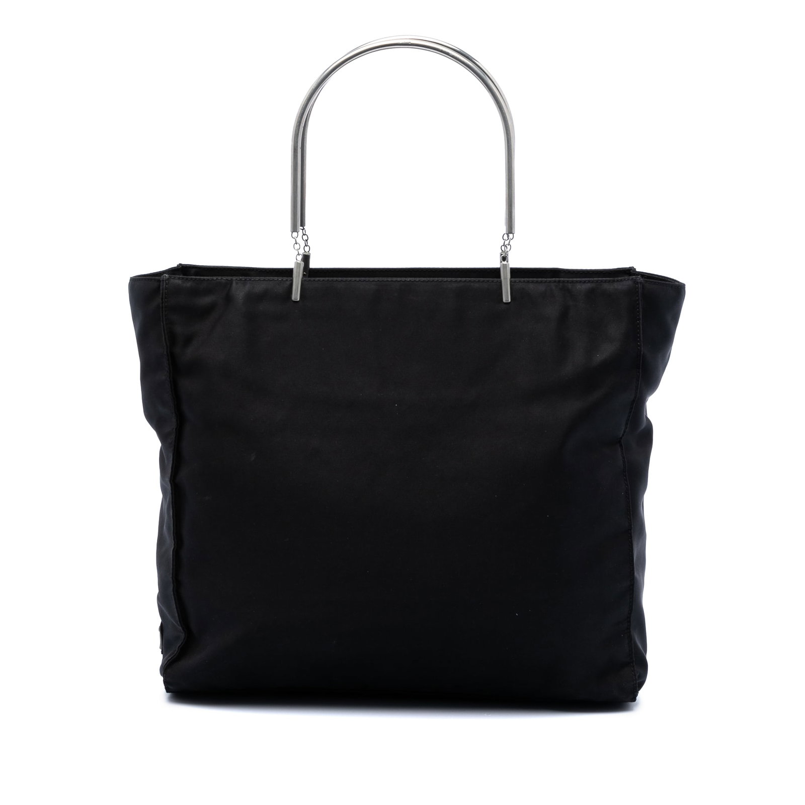 Black Tessuto Metal Handle Tote Bag by Prada Nylon Silver Tone Handles: Black Tessuto Metal Handle Tote Bag by Prada Nylon Silver Tone Handles This Prada Tessuto Metal Handle Bag features a black nylon body with silver-toned metal top handles. The open top design provides