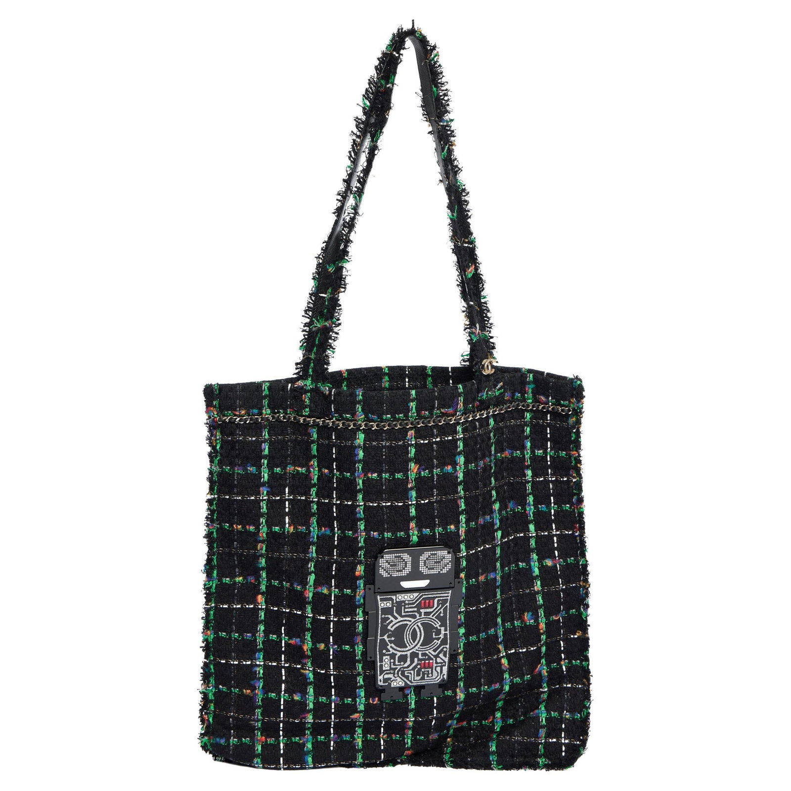 Chanel Robot Tote Bag Black Green Tweed 2017 Authenticity Card: Chanel Robot Tote Bag Black Green Tweed 2017 Authenticity Card This stunning Chanel Robot Tote Bag is a unique piece from the Robot Collection, crafted in Italy. The bag features a striking black and 