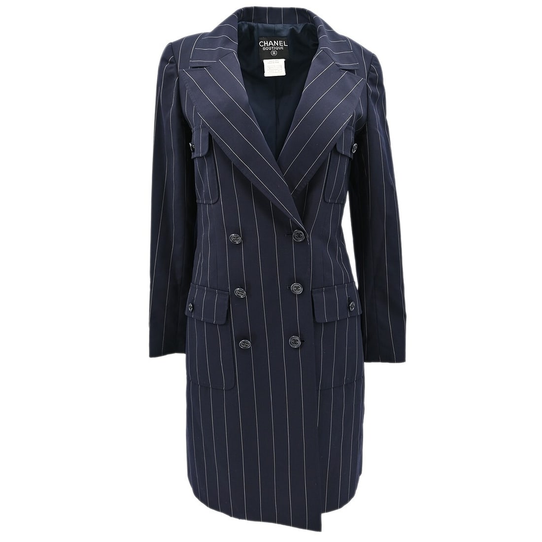 Chanel Vintage Navy Wool Double Breasted Jacket 38: Chanel Vintage Navy Wool Double Breasted Jacket 38 Elevate your wardrobe with this vintage Chanel Double Breasted Jacket in a sophisticated navy hue. Crafted from 100% wool, this long-sleeve jacket fe