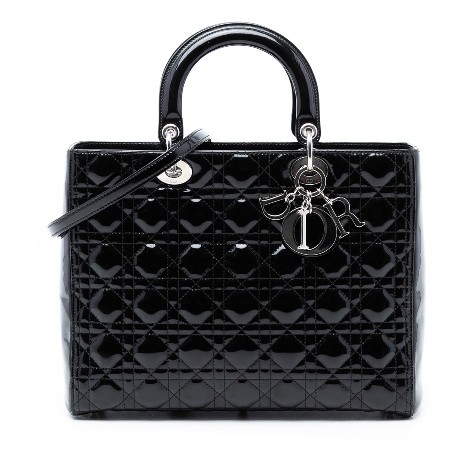 Dior Lady Dior Large Black Patent Cannage Quilted Leather Handbag: Dior Lady Dior Large Black Patent Cannage Quilted Leather Handbag This Lady Dior bag features a quilted patent leather exterior in black, complemented by flat leather top handles and a detachable flat