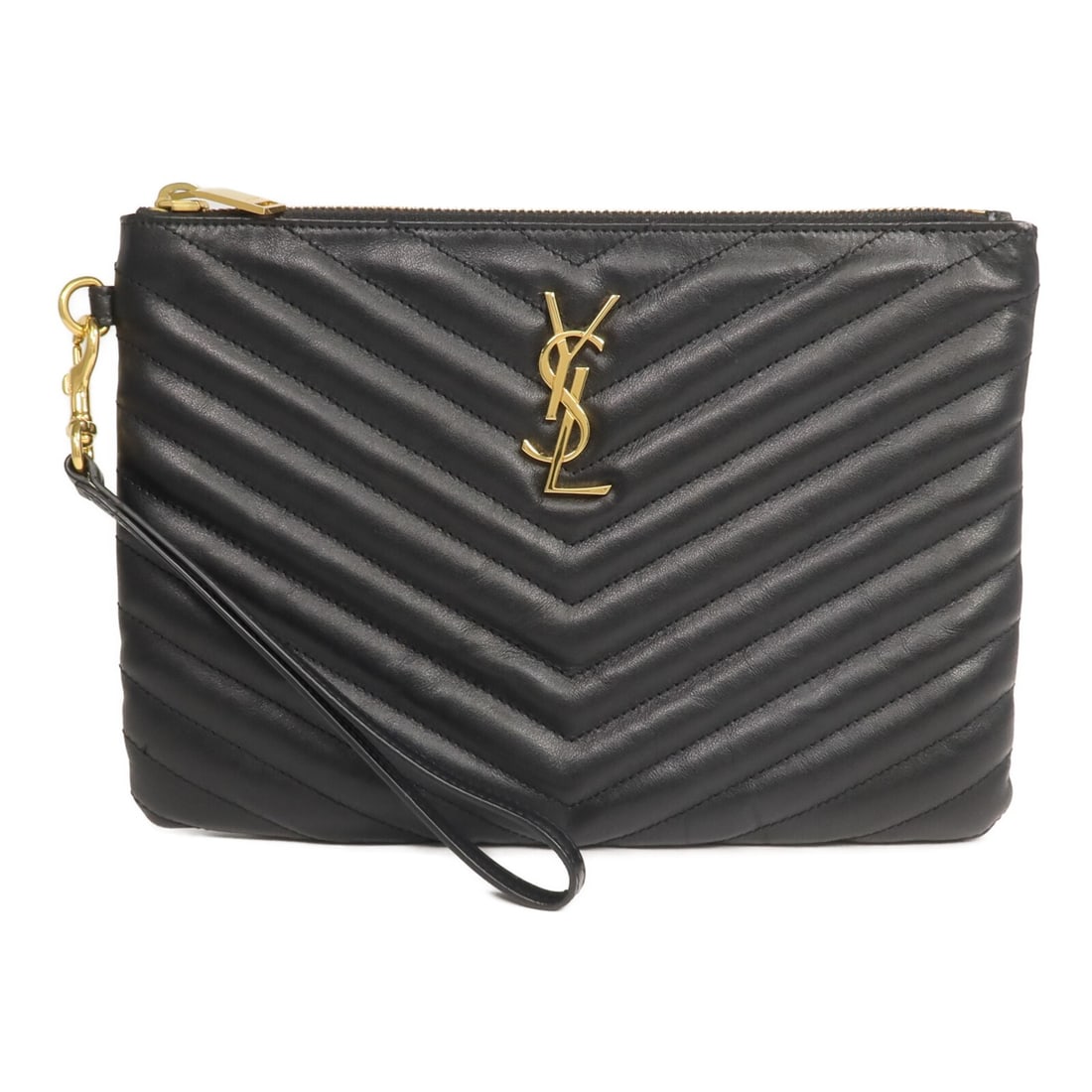 Saint Laurent Black Calfskin Pouch GHW 379039: Saint Laurent Black Calfskin Pouch GHW 379039 This Saint Laurent pouch is crafted from black calfskin leather and features a sleek, minimalist design. Made in Italy, it is sized for convenient carryin