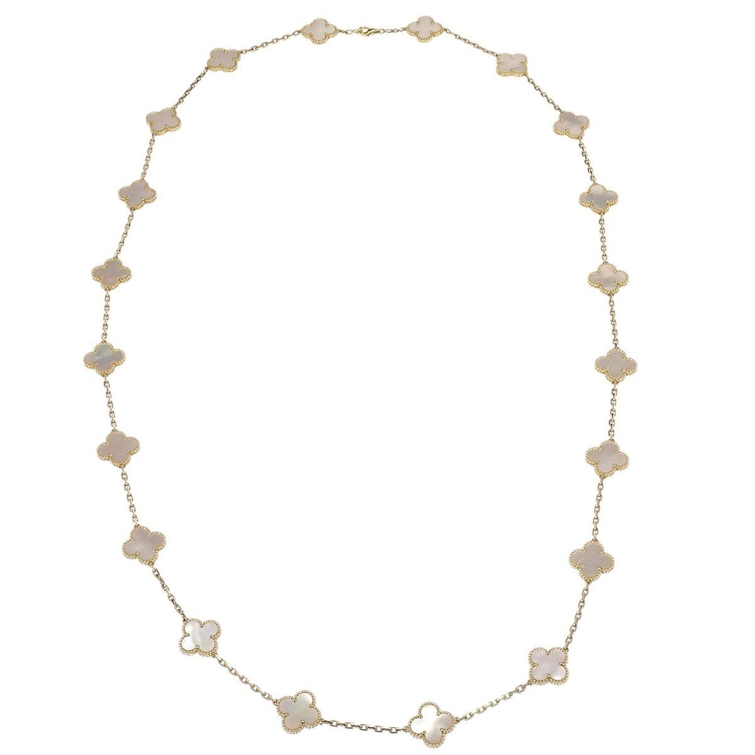Van Cleef Alhambra Necklace 20 Motifs Yellow Gold Mother of Pearl: Van Cleef Alhambra Necklace 20 Motifs Yellow Gold Mother of Pearl This Van Cleef & Arpels Alhambra necklace features 20 motifs crafted from mother of pearl, set in 18k yellow gold. The piece is design