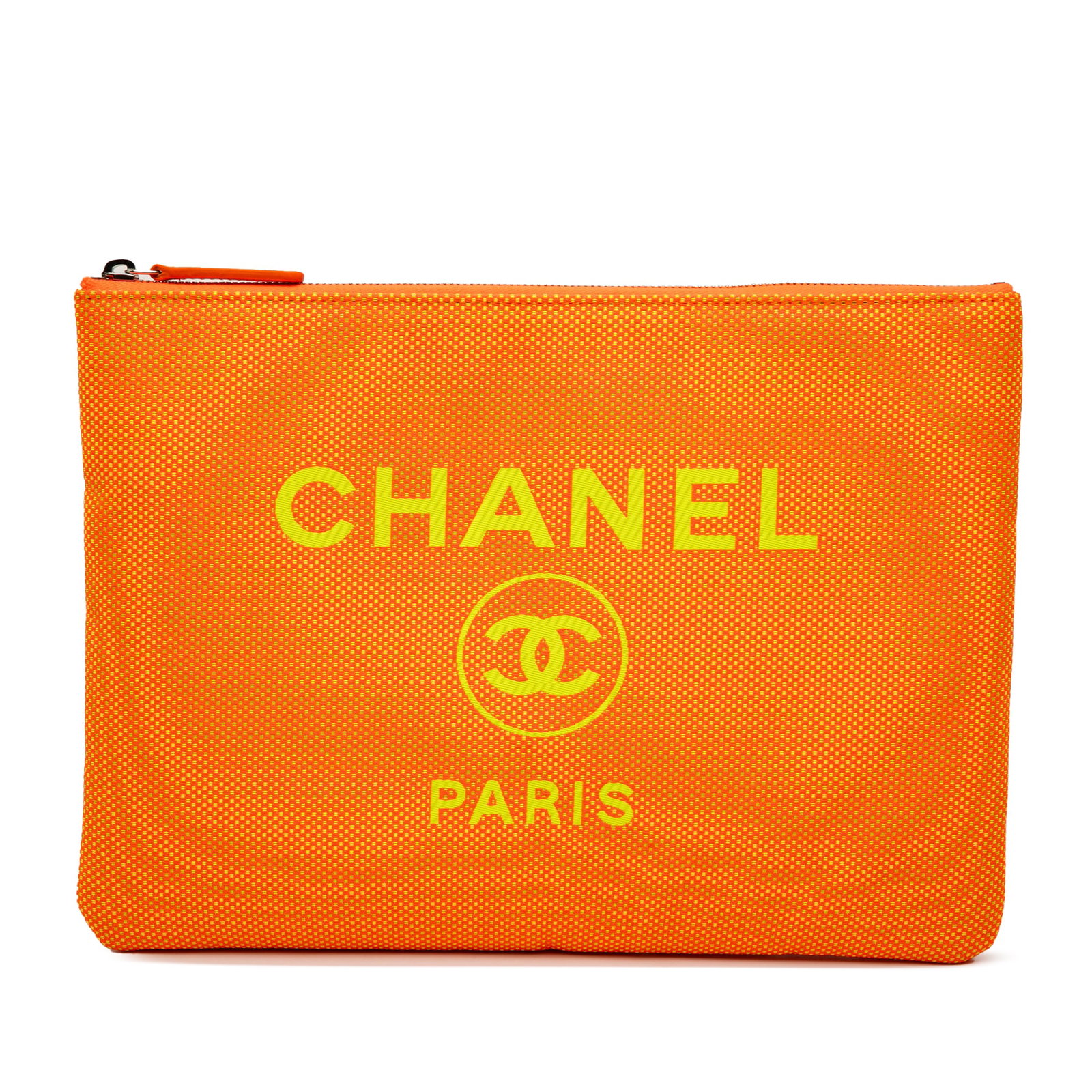Chanel Deauville Medium O Case Orange Mixed Fiber Clutch Bag: Chanel Deauville Medium O Case Orange Mixed Fiber Clutch Bag This Chanel Medium Deauville O Case Clutch features a mixed fiber fabric body in orange with a top zip closure and an interior zip pocket. 