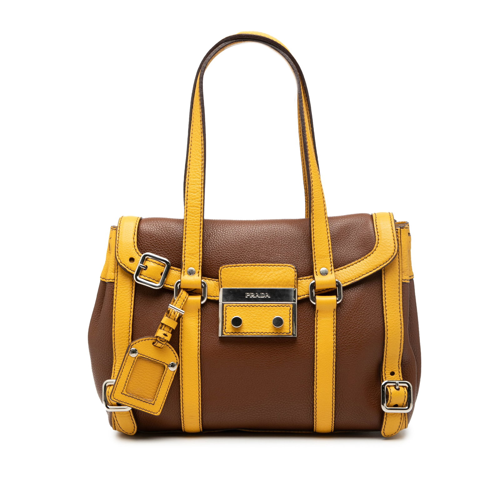 Prada Vitello Daino Leather Shoulder Bag with Push-Lock Flap Brown: Prada Vitello Daino Leather Shoulder Bag with Push-Lock Flap Brown This Prada Bicolor Vitello Daino Pushlock Flap Bag is crafted from leather and features flat leather straps, a front flap with a push