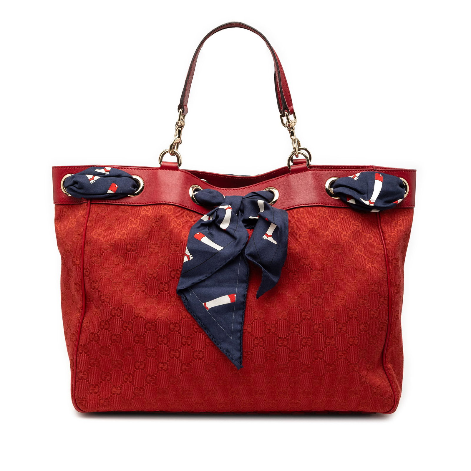 Gucci Positano Tote Red Canvas Bag with Leather Trim and Scarf Accent (1 of 8)