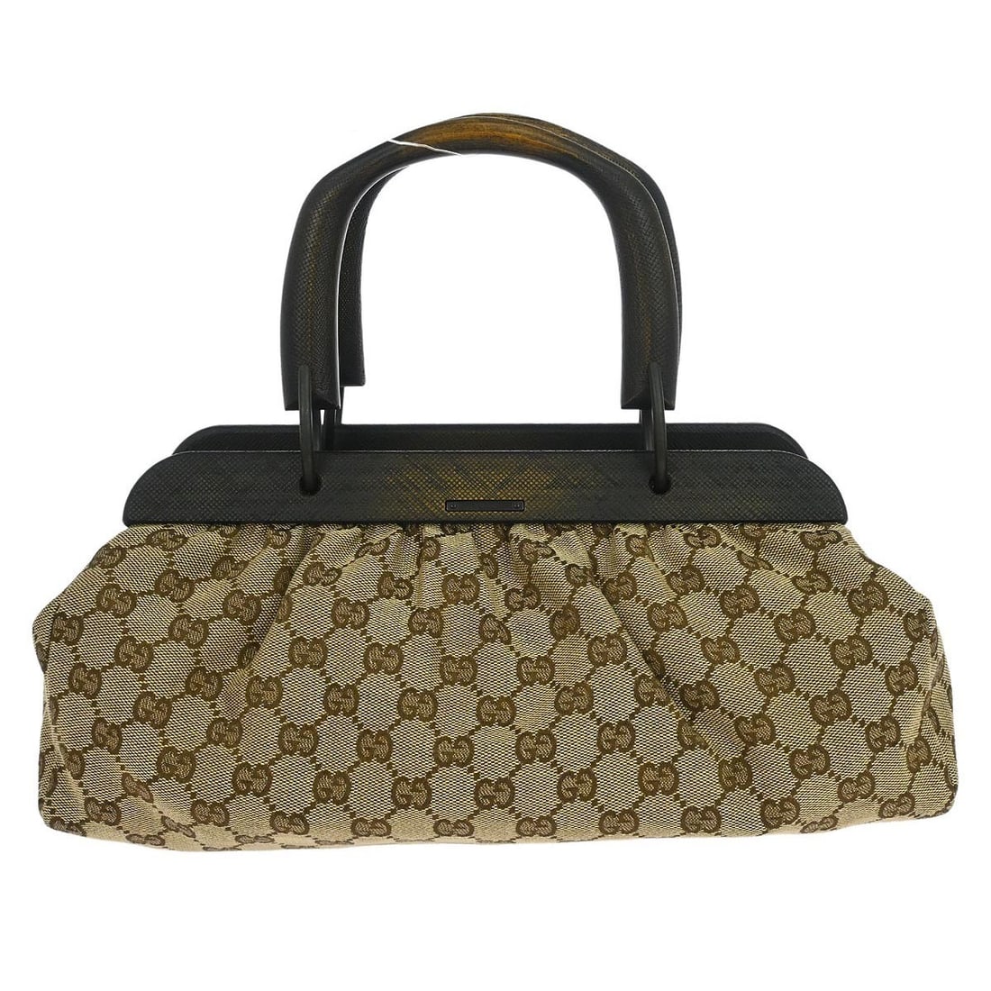 Gucci GG Medium Top Handle Bag Beige Canvas Wood Accents Italy: Gucci GG Medium Top Handle Bag Beige Canvas Wood Accents Italy This vintage Gucci top handle bag features the iconic GG pattern in beige canvas, complemented by leather and wood accents. Designed in a