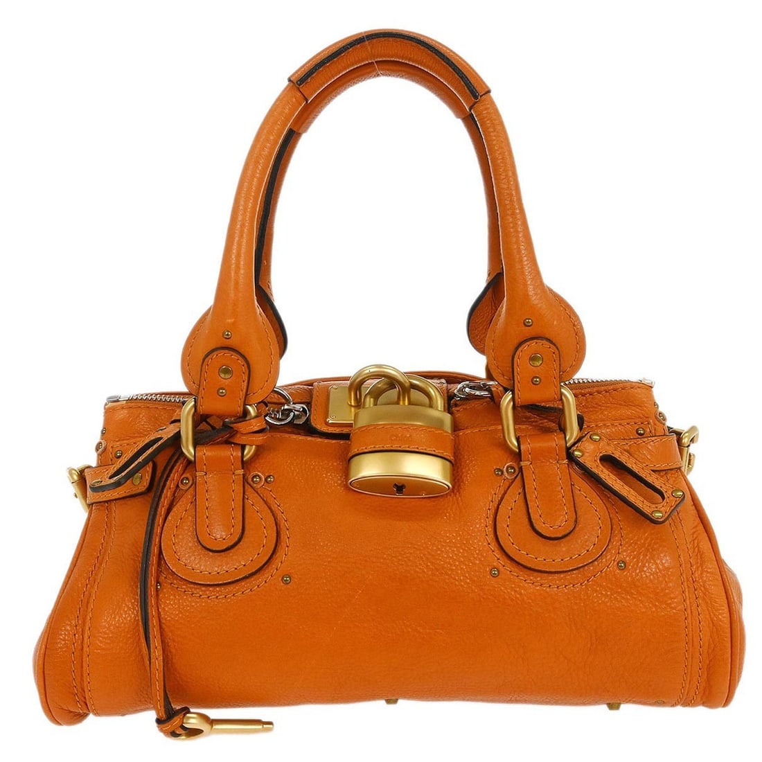 Chloe Paddington Medium Leather Top Handle Bag in Orange 01-11-51-5276: Chloe Paddington Medium Leather Top Handle Bag in Orange 01-11-51-5276 This Chloe Paddington medium handbag features an orange leather exterior with double handles and a stylish top handle bag design.