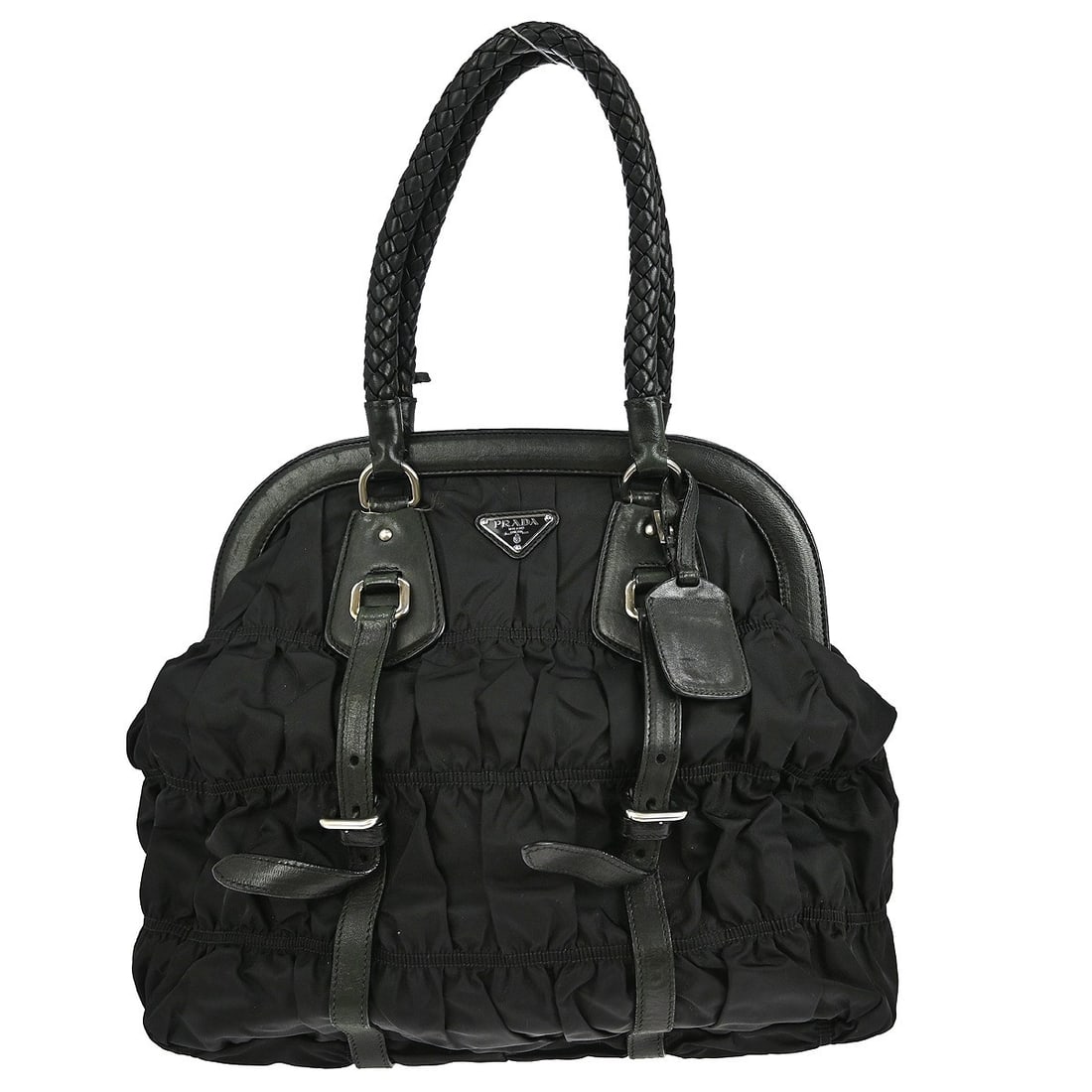 Prada Black Nylon Top Handle Bag Large Italy: Prada Black Nylon Top Handle Bag Large Italy This Prada handbag is crafted from a combination of black leather and nylon, offering both durability and a stylish appearance. Designed as a large top han