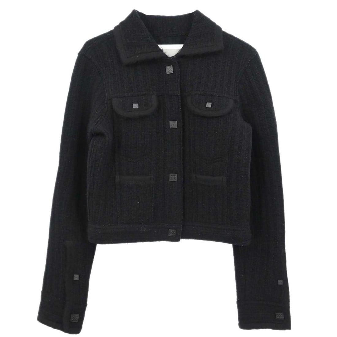 CHANEL Sport Line Wool Black Button Jacket FR 34: CHANEL Sport Line Wool Black Button Jacket FR 34 This Chanel Sport Line single breasted jacket is crafted from 100% wool and features a mid-length cut with long sleeves. The jacket has a button closur