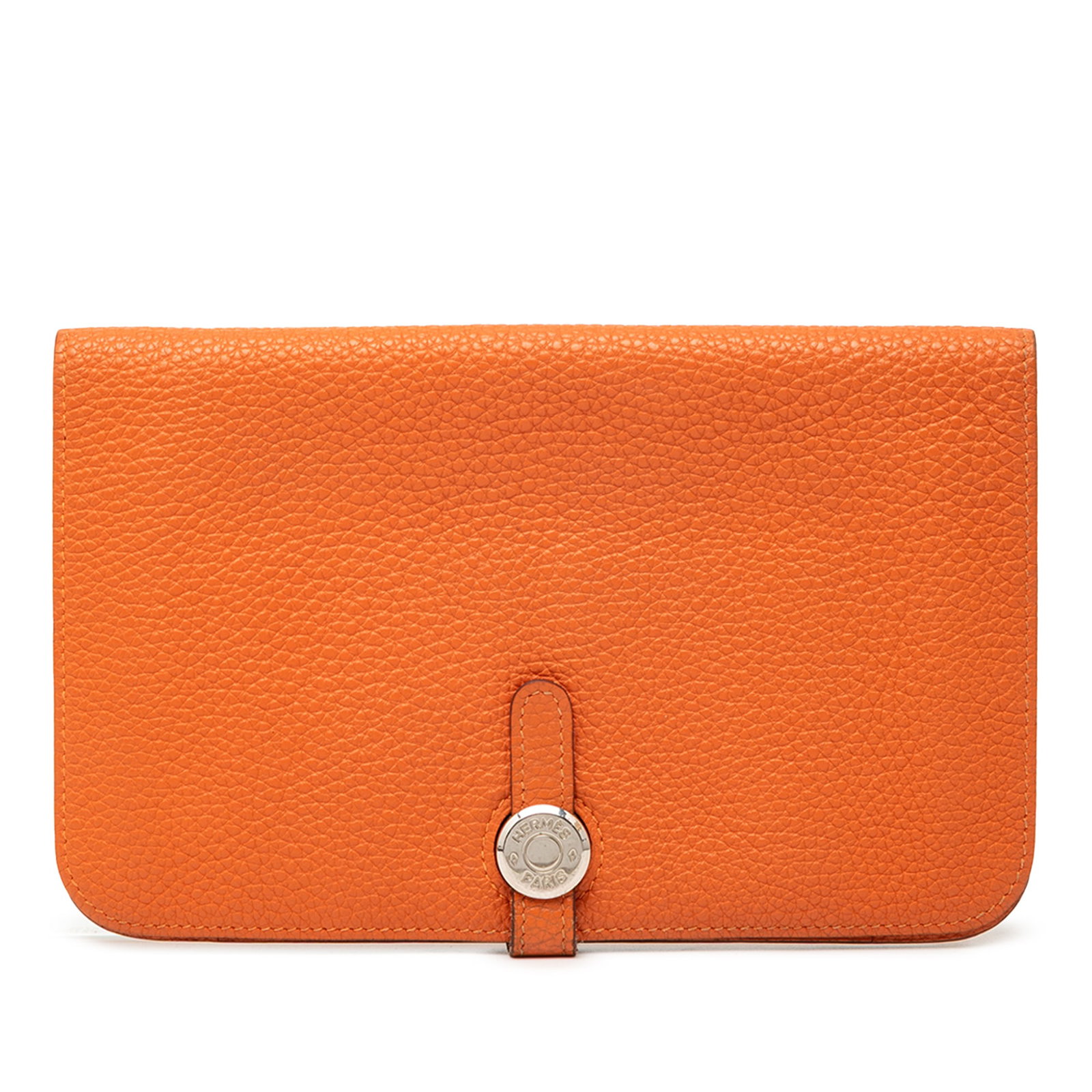 Hermes Dogon Duo GM Orange Clemence Leather Wallet with Detachable Pouch: Hermes Dogon Duo GM Orange Clemence Leather Wallet with Detachable Pouch The Hermes Clemence Dogon Duo Wallet GM is crafted from orange Clemence leather and features a pull-through strap closure. The 
