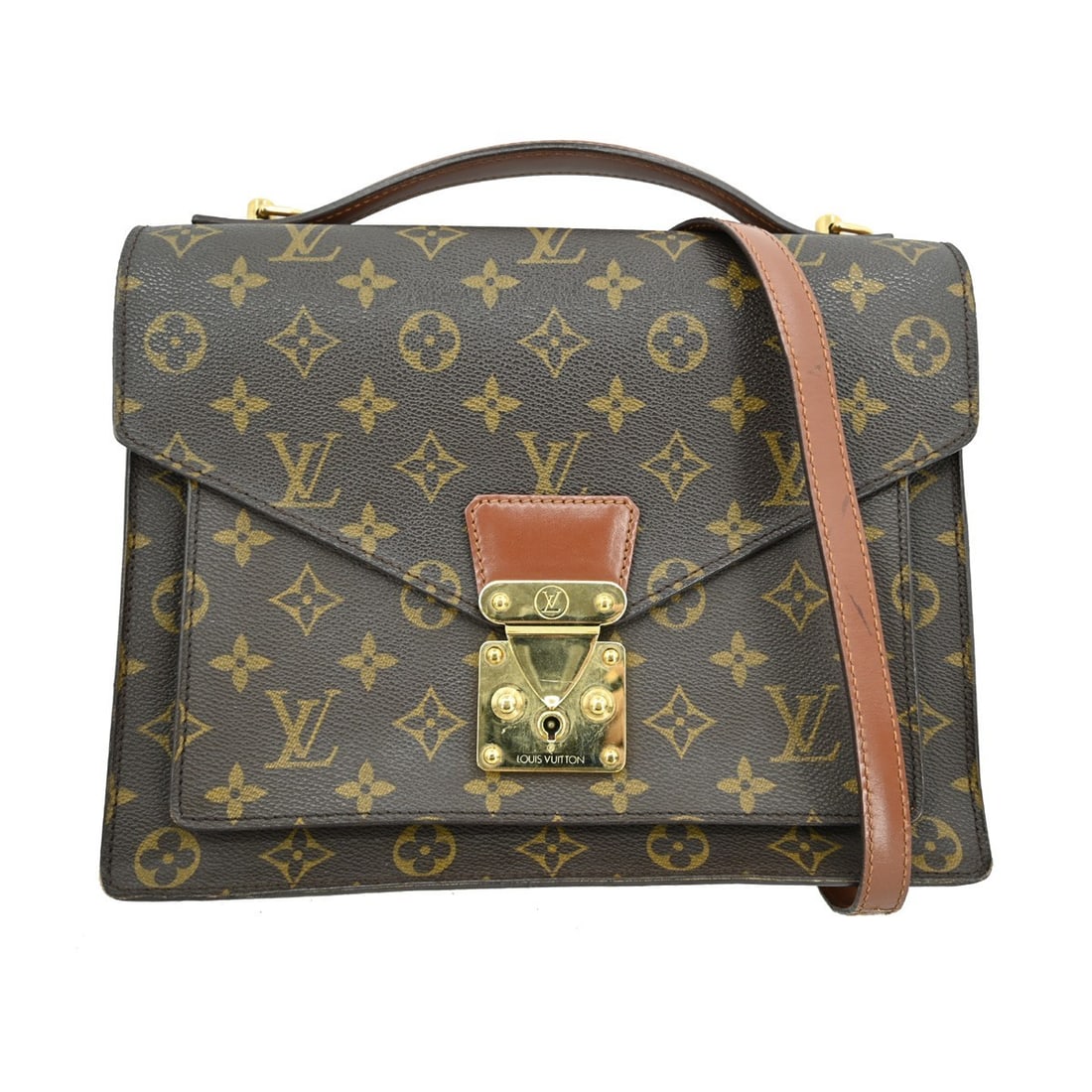 Louis Vuitton Monceau 28 Brown Monogram Canvas Medium Top Handle Bag M51185: Louis Vuitton Monceau 28 Brown Monogram Canvas Medium Top Handle Bag M51185 This Louis Vuitton Monceau 28 business handbag features the iconic brown Monogram canvas exterior with beige top handles and