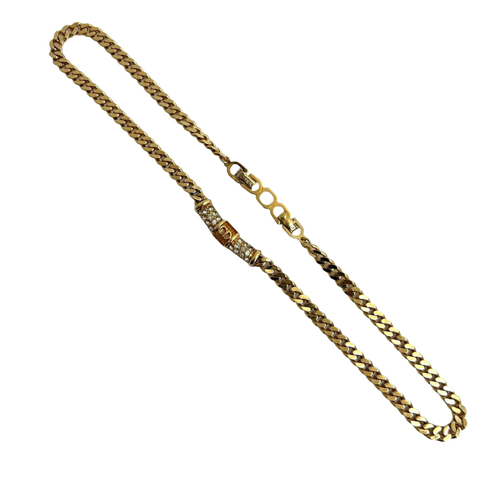 Dior Cuban Link Necklace with Gold Plated CD Logo and Rhinestones: Dior Cuban Link Necklace with Gold Plated CD Logo and Rhinestones This Dior necklace features a gold plated metal construction with a Cuban chain link design and a CD logo charm adorned with rhineston