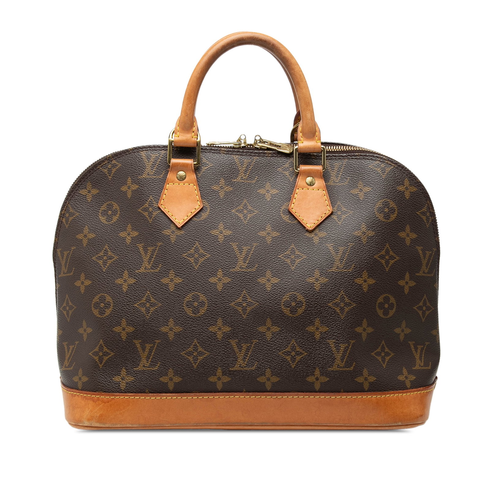 Louis Vuitton Alma PM Brown Monogram Canvas Bag with Vachetta Leather Trim: Louis Vuitton Alma PM Brown Monogram Canvas Bag with Vachetta Leather Trim The Louis Vuitton Monogram Alma PM features a signature monogram canvas body with vachetta leather trim and rolled vachetta l