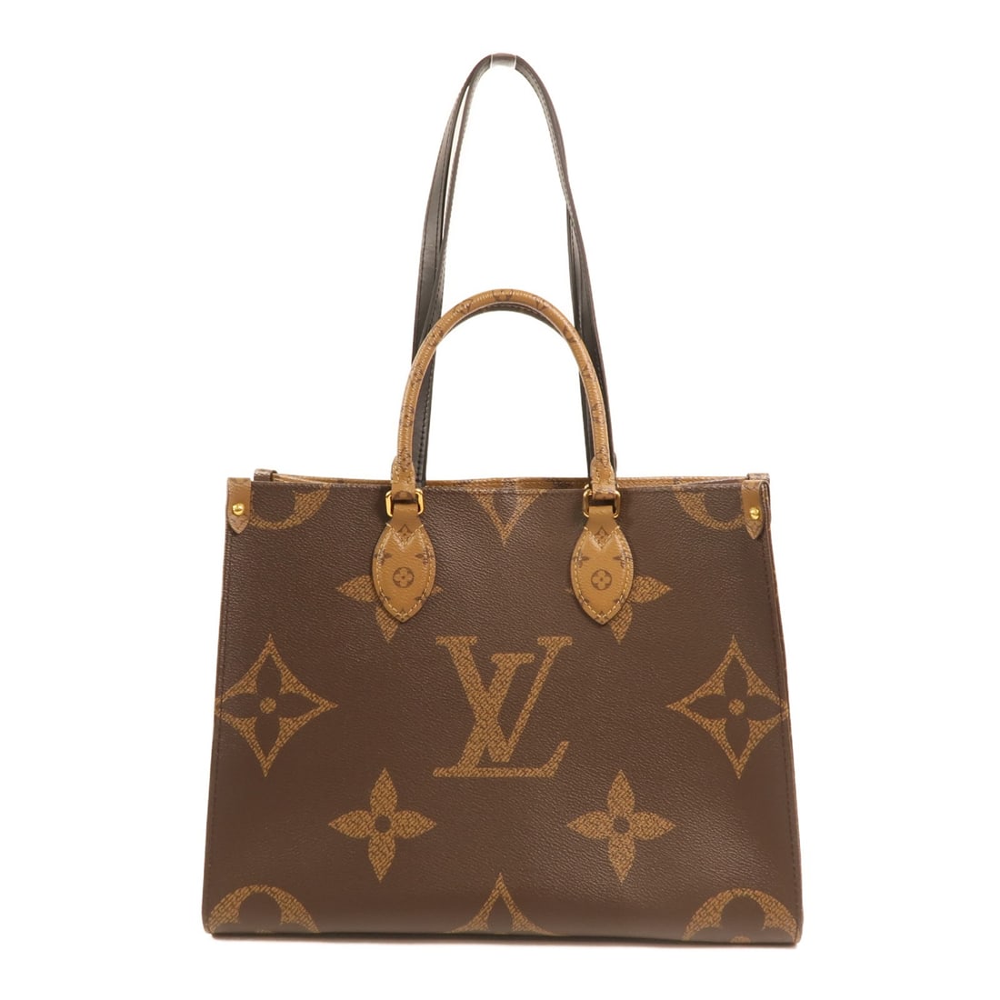 Louis Vuitton On The Go MM Monogram Brown Canvas Shoulder Tote with Gold Hardware: Louis Vuitton On The Go MM Monogram Brown Canvas Shoulder Tote with Gold Hardware This Louis Vuitton On The Go MM 2-way bag features the signature Monogram Giant pattern in brown PVC coated canvas. De