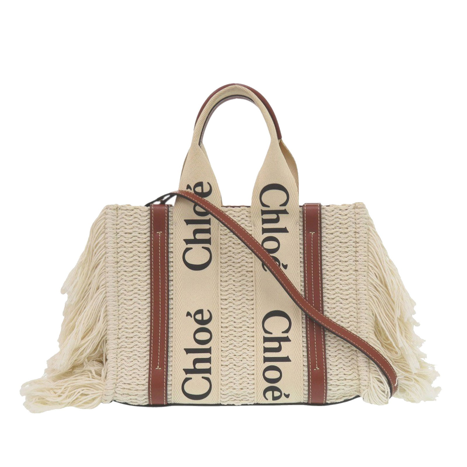 Chloe Woody Fringe Small Tote Linen and Leather Brown Italy: Chloe Woody Fringe Small Tote Linen and Leather Brown Italy This Chloe Small Linen Woody Fringe Tote features a linen body with leather trim and fringe details, flat canvas handles, a detachable and a