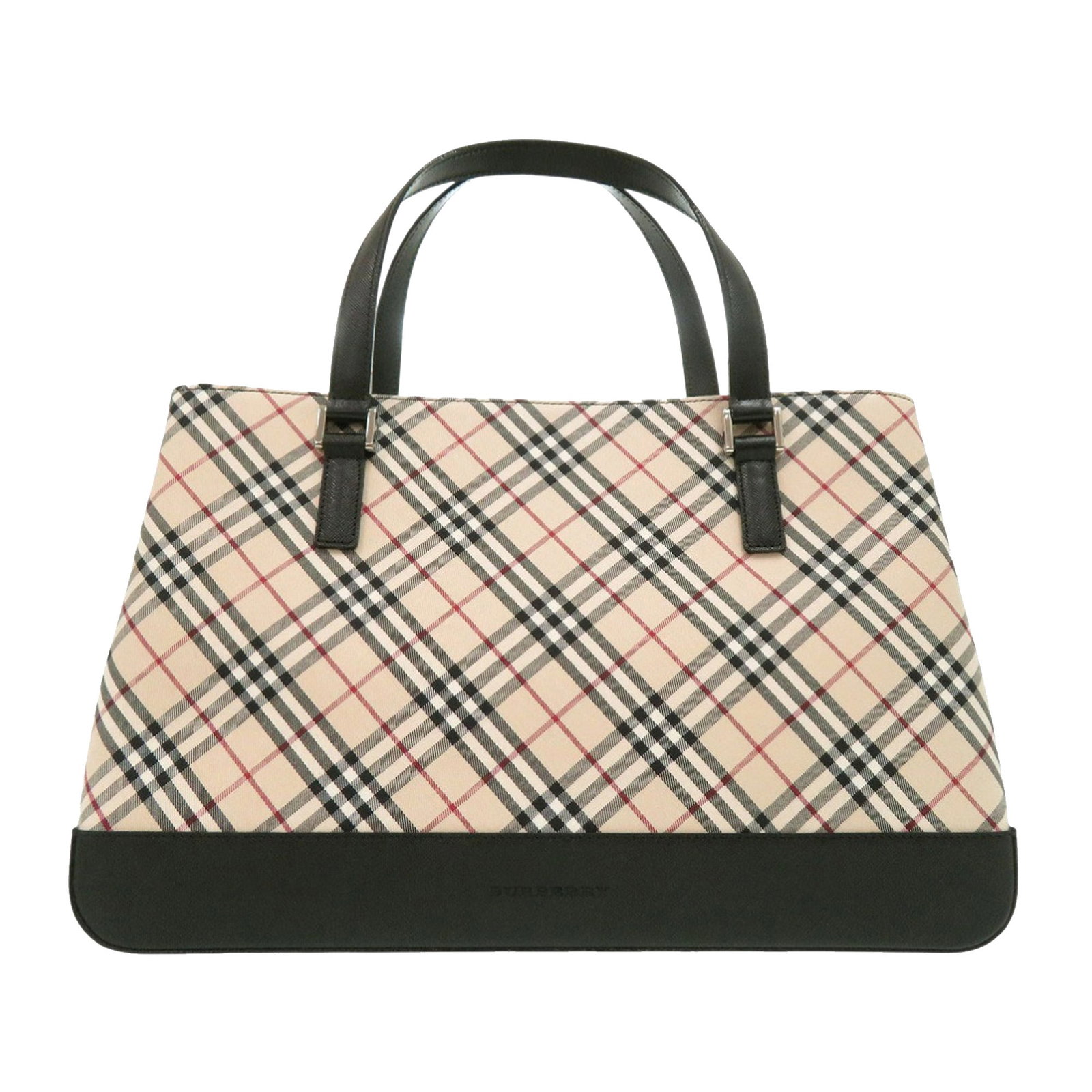 Burberry Beige Canvas Tote with Leather Trim and Nova Check Pattern: Burberry Beige Canvas Tote with Leather Trim and Nova Check Pattern This Burberry Nova Check Canvas Tote features a canvas body with leather trim, flat leather handles, an open top, an interior zip co