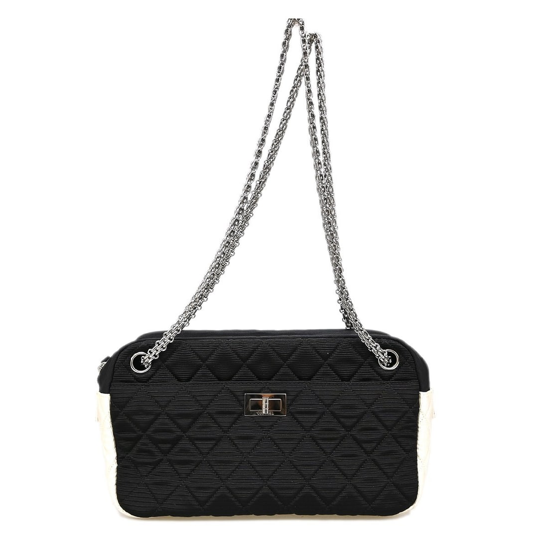 Mini Mademoiselle Lock Top Handle Bag in Black Satin by Chanel: Mini Mademoiselle Lock Top Handle Bag in Black Satin by Chanel This Chanel Mini Mademoiselle Lock handbag features a black satin exterior and a top handle design. Made in Italy, it is crafted for wome