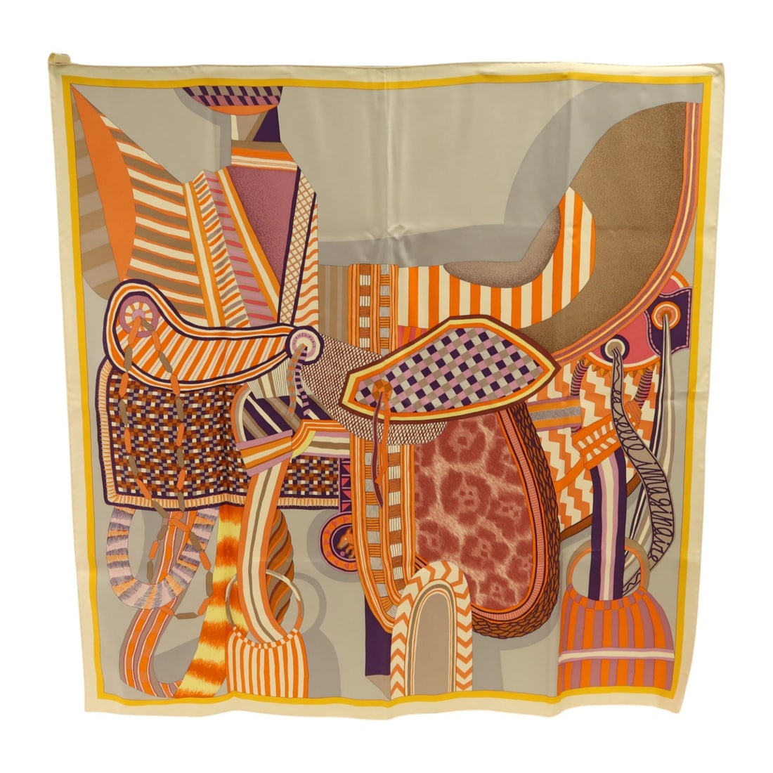Hermes Silk 90x90 Orange Grey Multicolor Scarf: Hermes Silk 90x90 Orange Grey Multicolor Scarf This Hermes scarf features a vibrant orange, grey, and multicolor design crafted from luxurious silk. Made in France, it offers a pristine appearance and